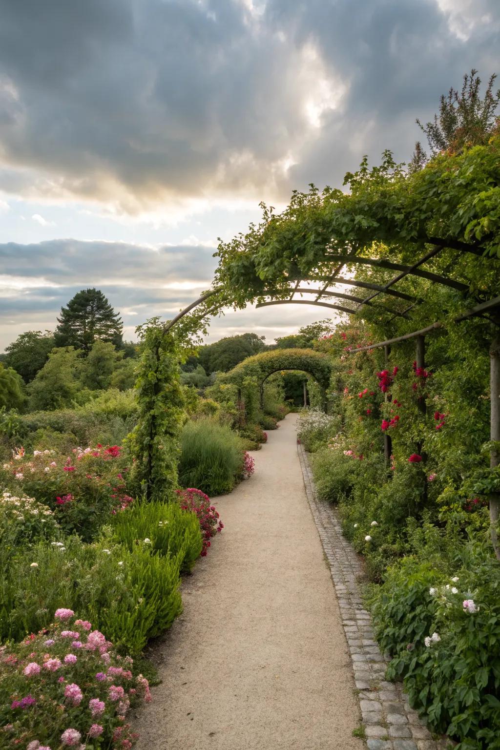 A winding pathway through a lush shrub garden.