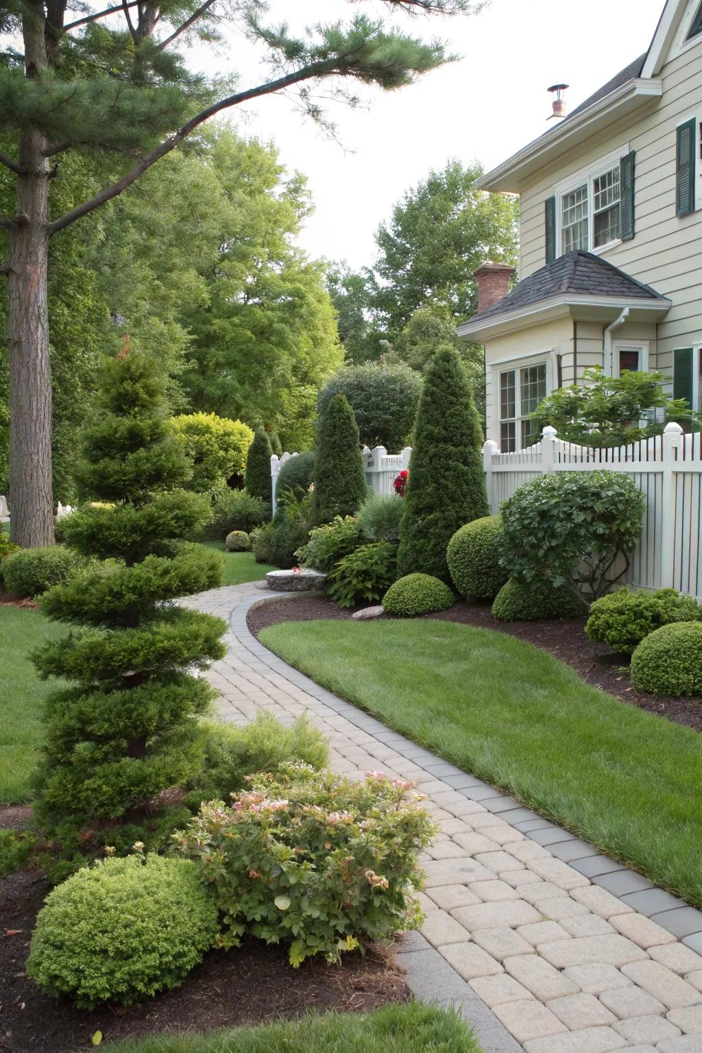 Layered landscaping adds depth and dimension.
