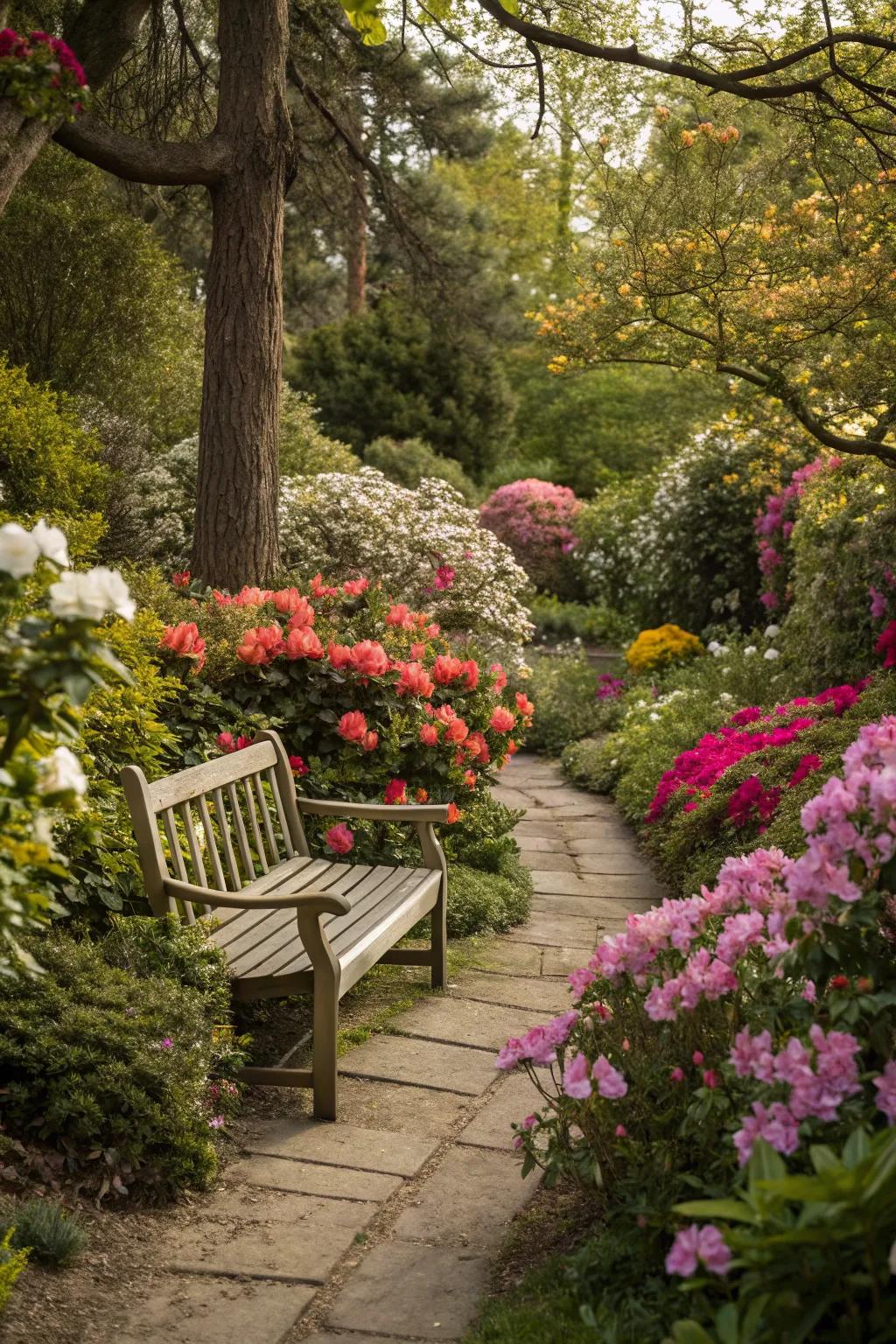 A cozy seating area in a side garden with a wooden bench.