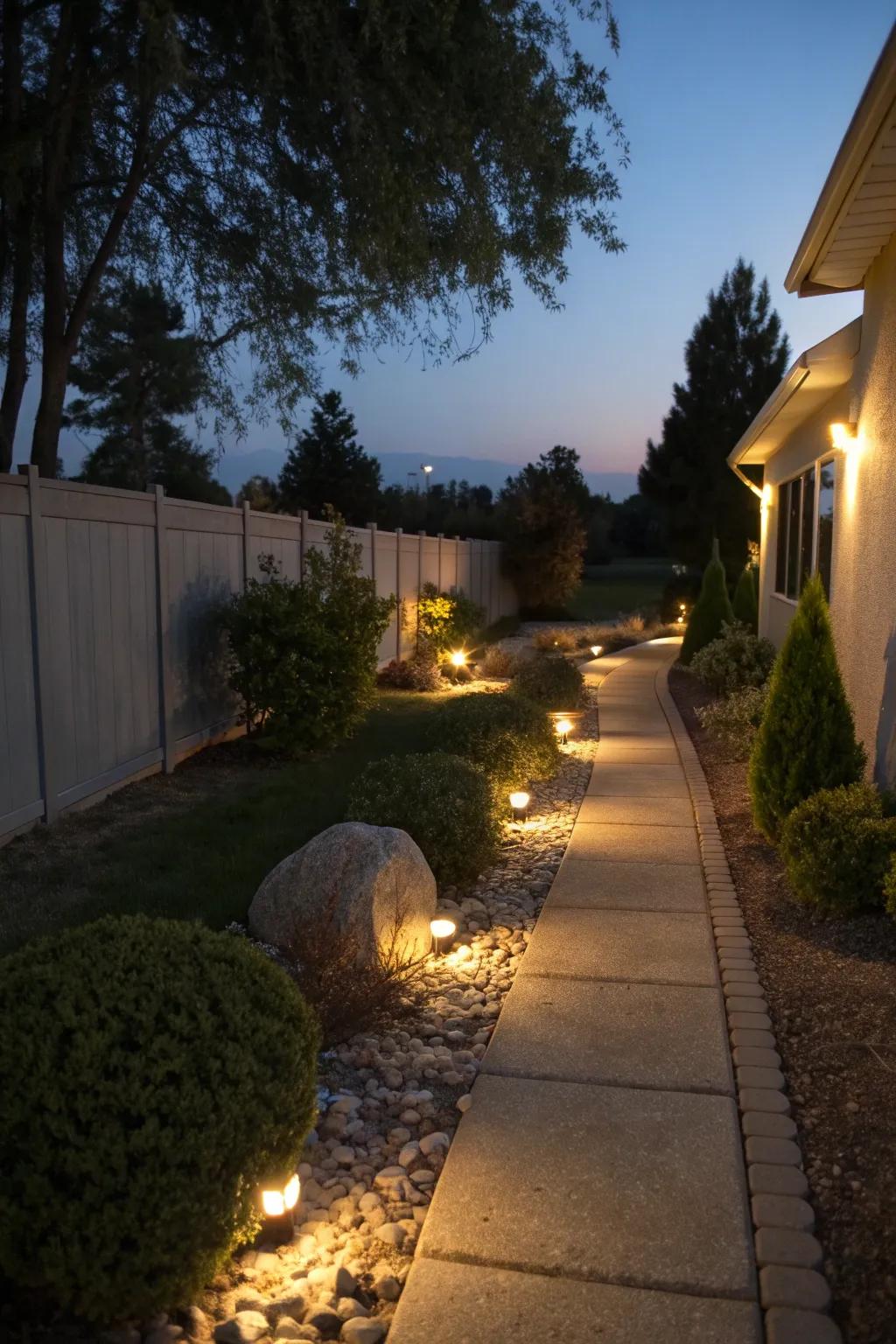 Pathway lighting brings warmth and safety to your side yard.