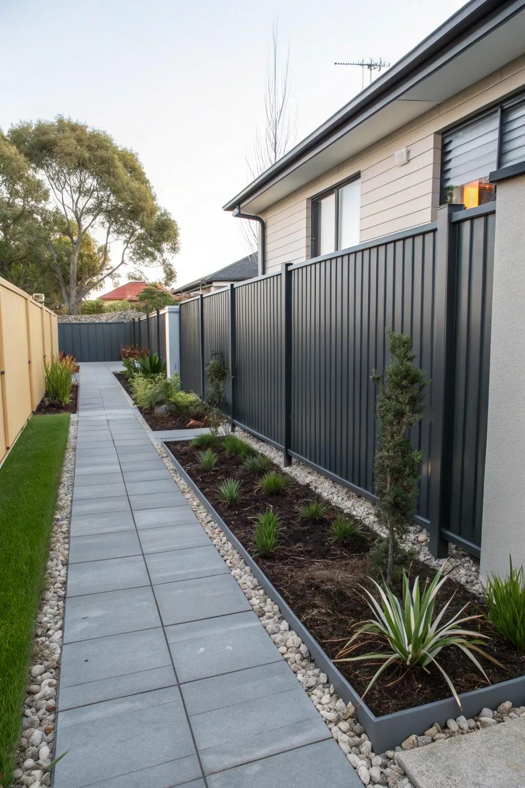 Modern metal panels offer a sleek and stylish side yard solution.