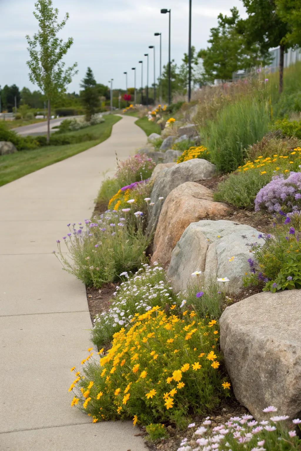 Boulders create a rugged, natural edge.