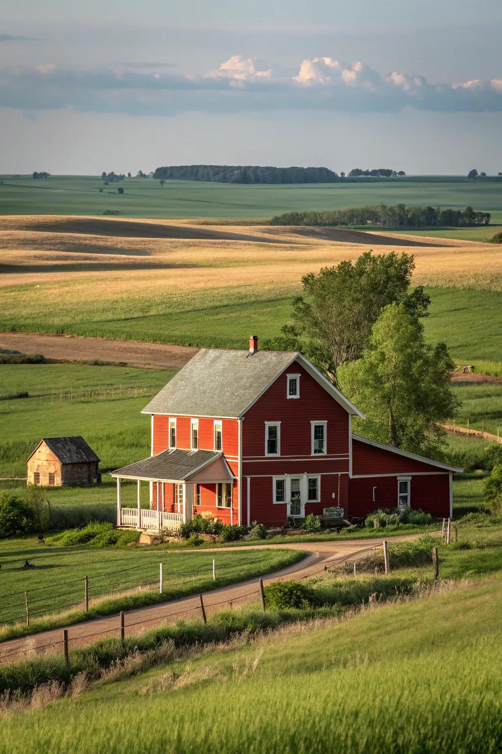 Bold red siding paired with beige trim for a striking yet warm facade.