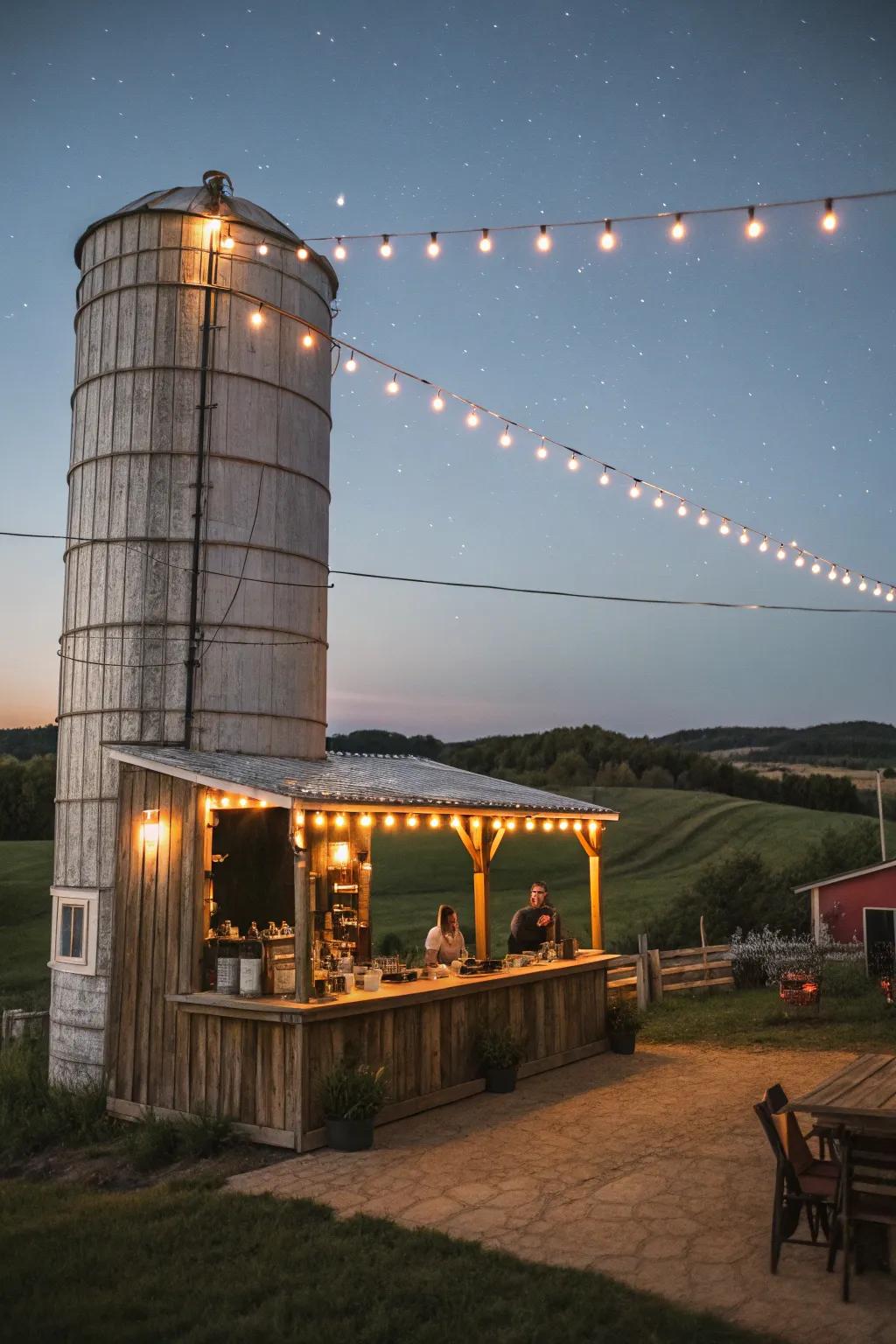 String lights casting a warm glow over a silo bar during the evening.