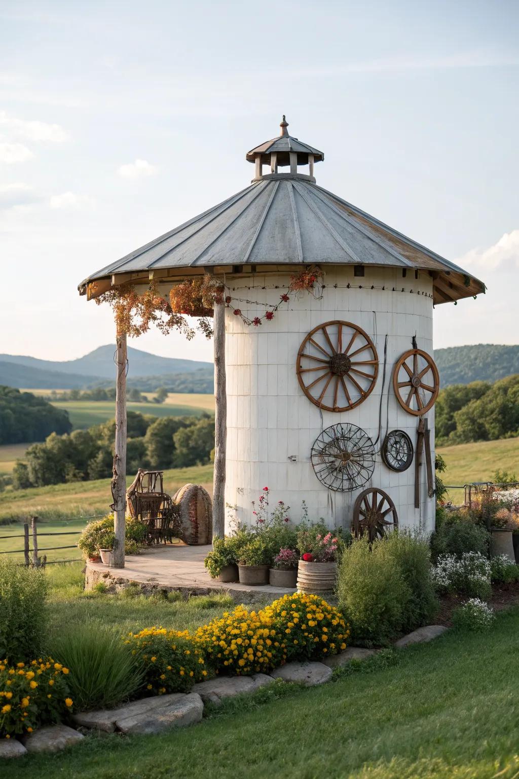 Rustic elements complement the silo gazebo's aesthetic.