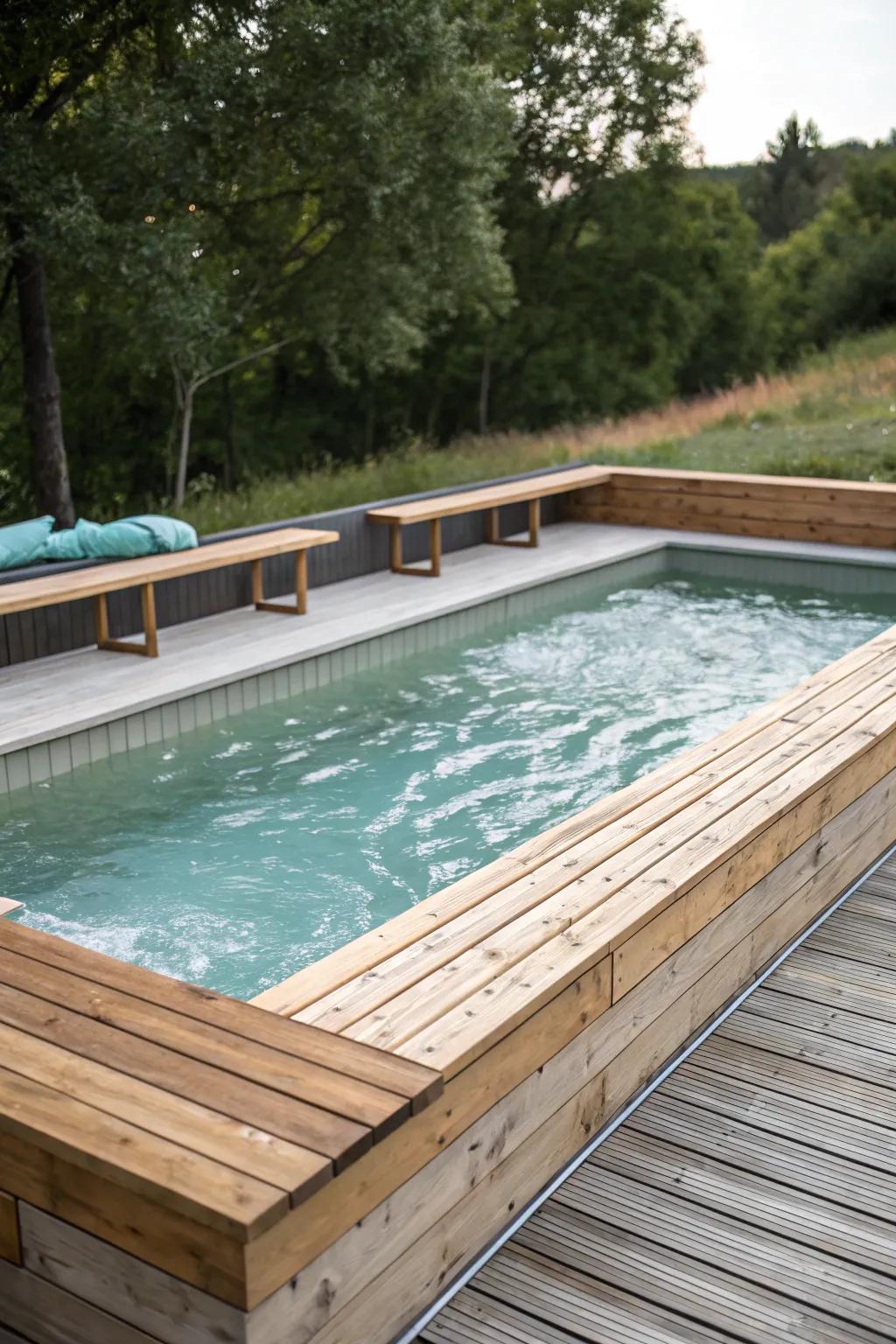 A practical above ground pool deck featuring built-in seating.