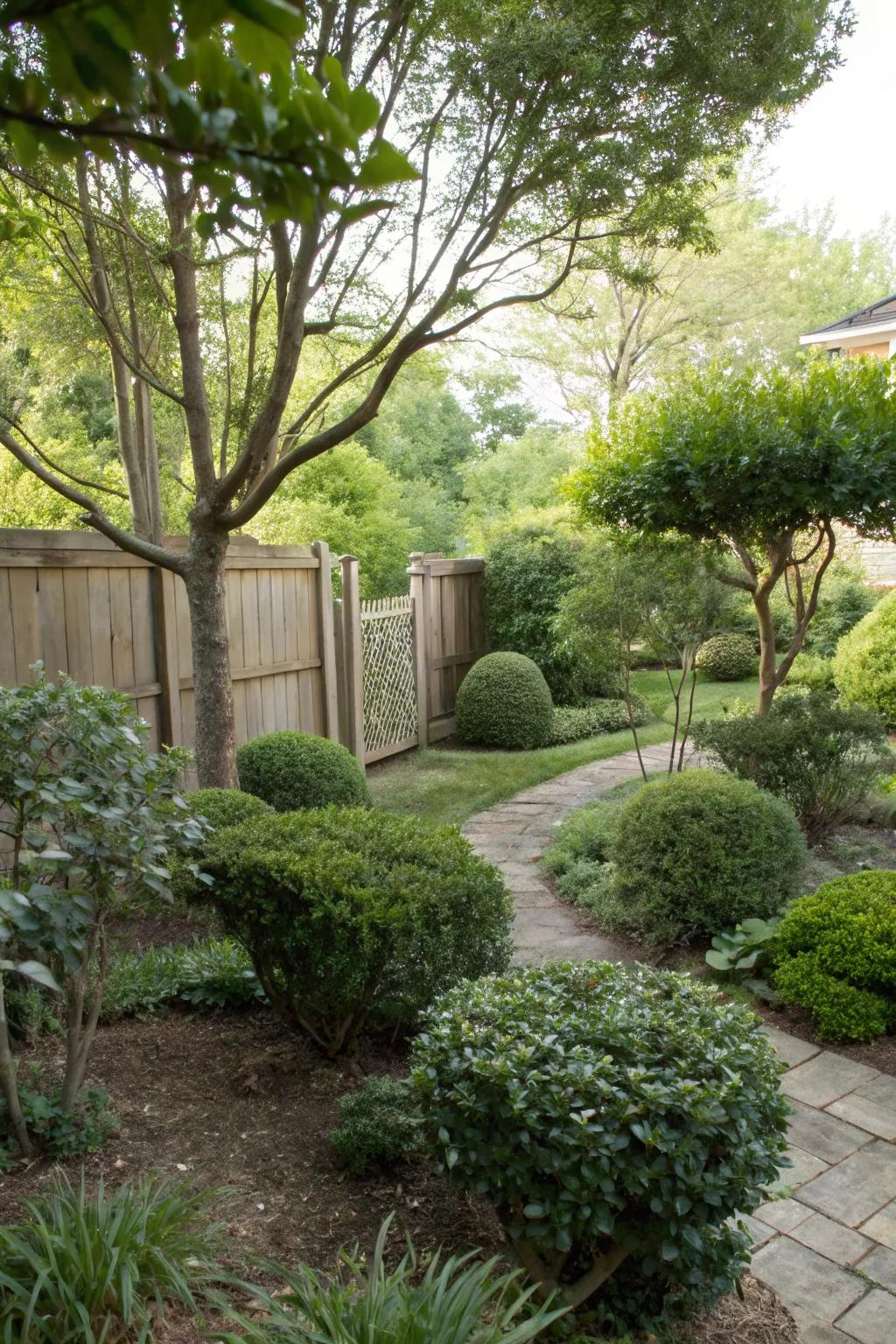 A garden featuring low-maintenance greenery that offers year-round appeal.