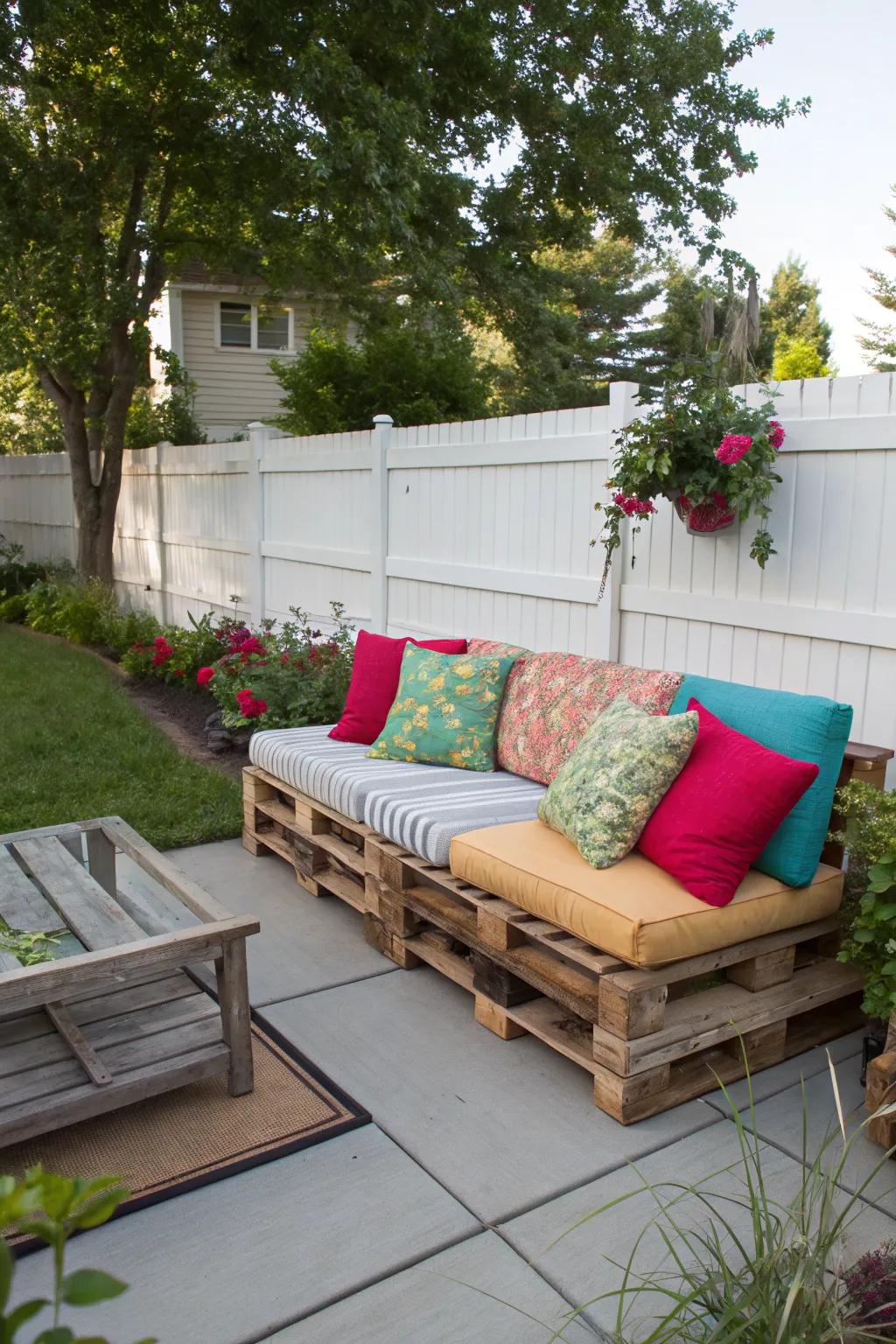 Pallet furniture offers a budget-friendly seating solution.