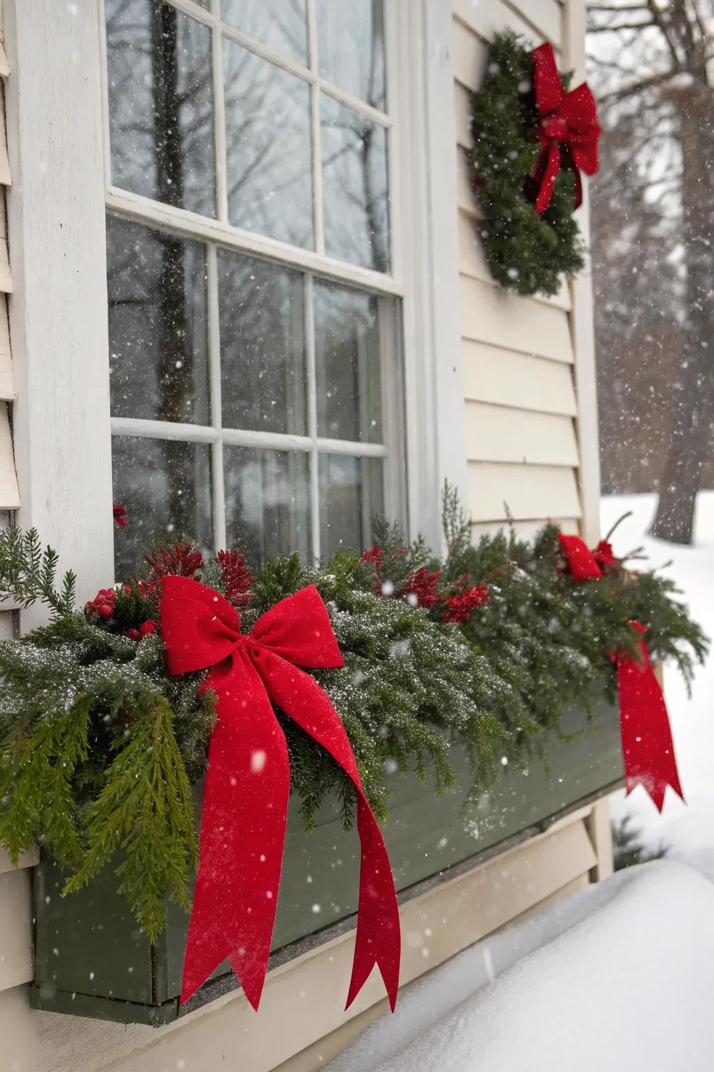 Red bows bring vibrant color to festive window arrangements.