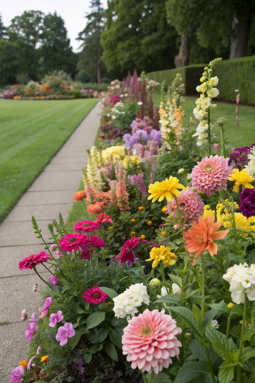 A colorful display of vibrant flowers in a garden bed.