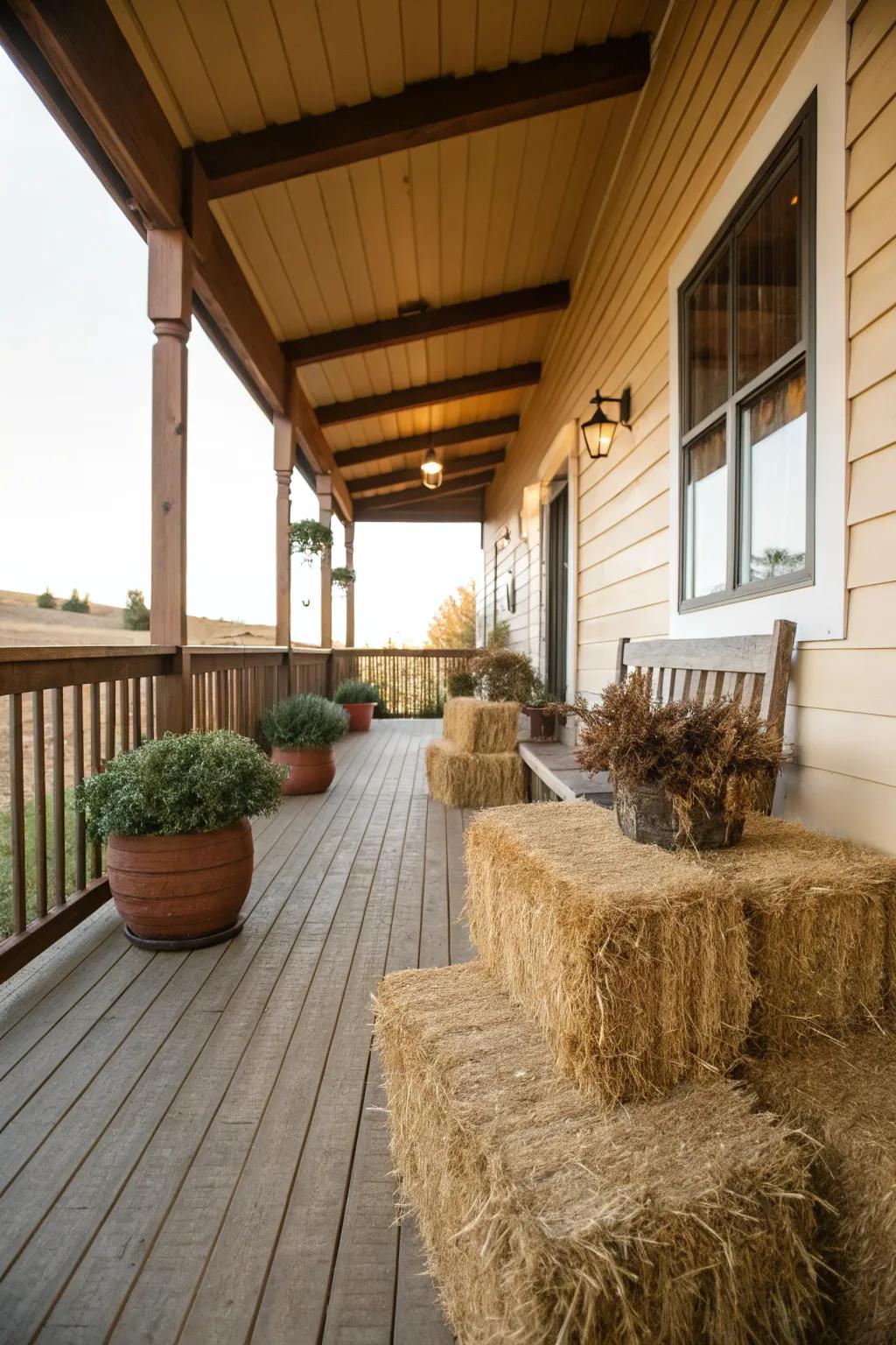 Hay bales offer a rustic charm and practical use.