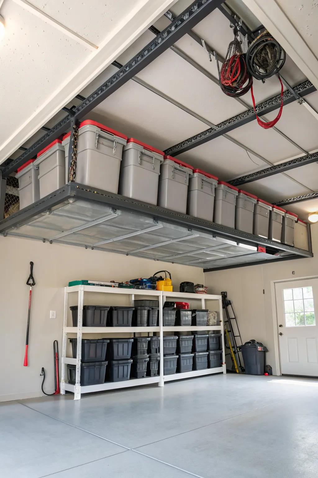 Overhead racks utilize garage ceiling space effectively.