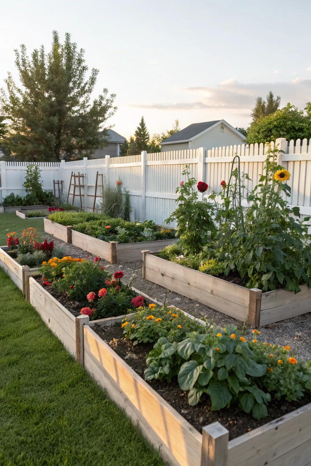 Raised garden beds overflowing with healthy plants.
