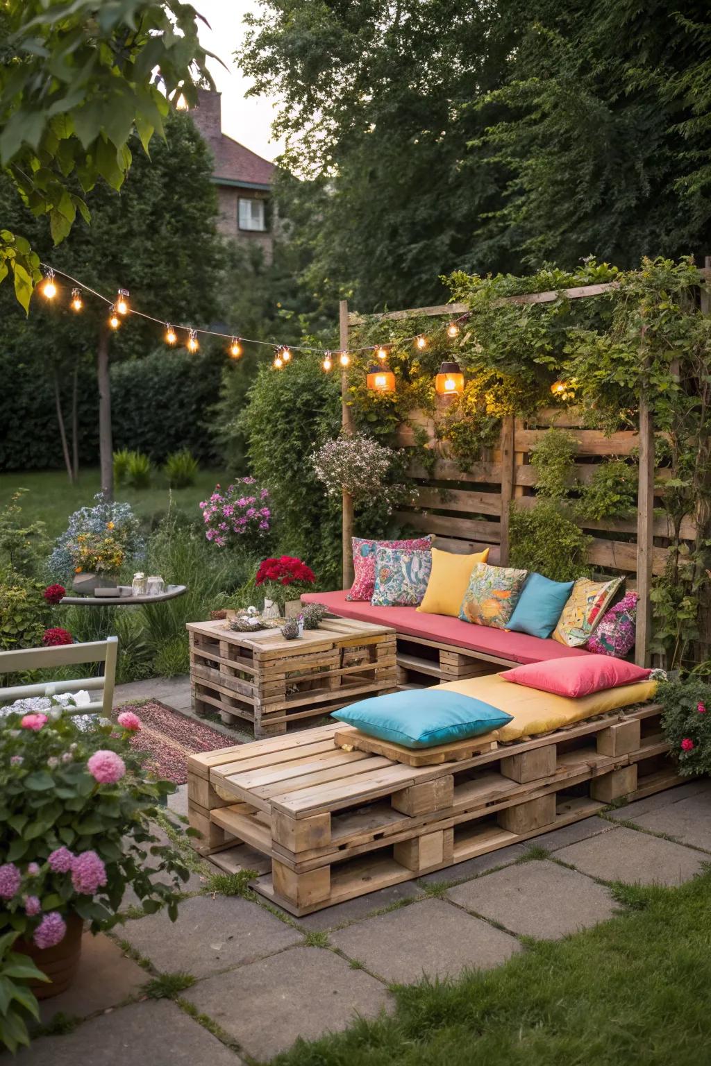 Create a cozy seating area with pallets and cushions for relaxation.