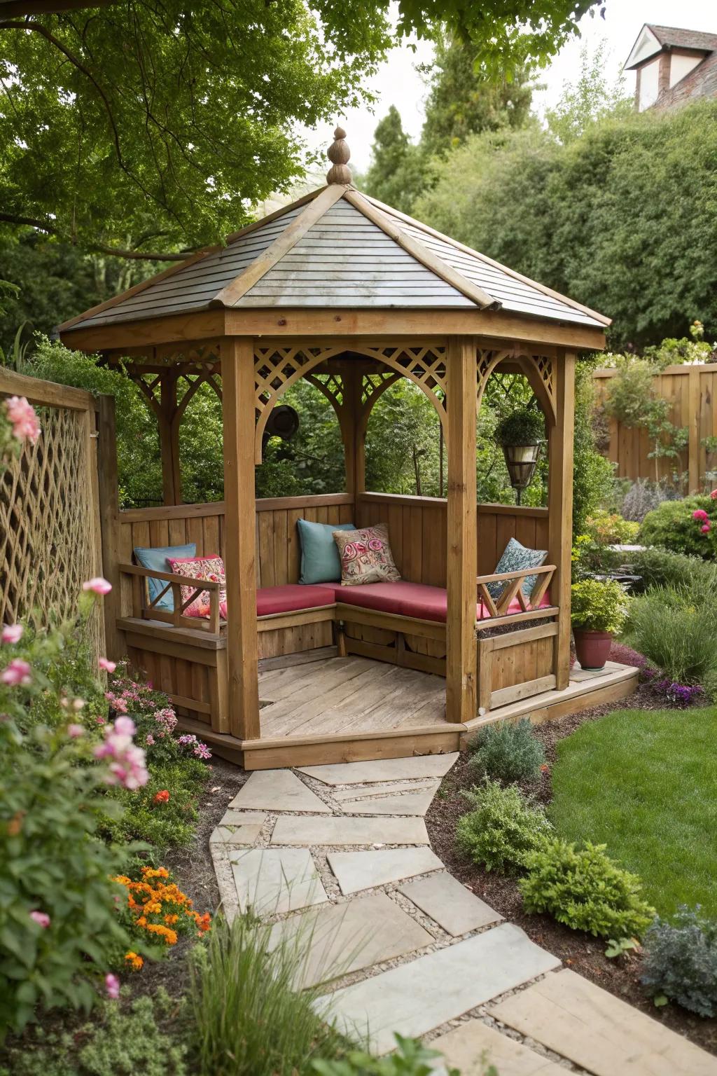 A gazebo featuring built-in seating for comfort and convenience.