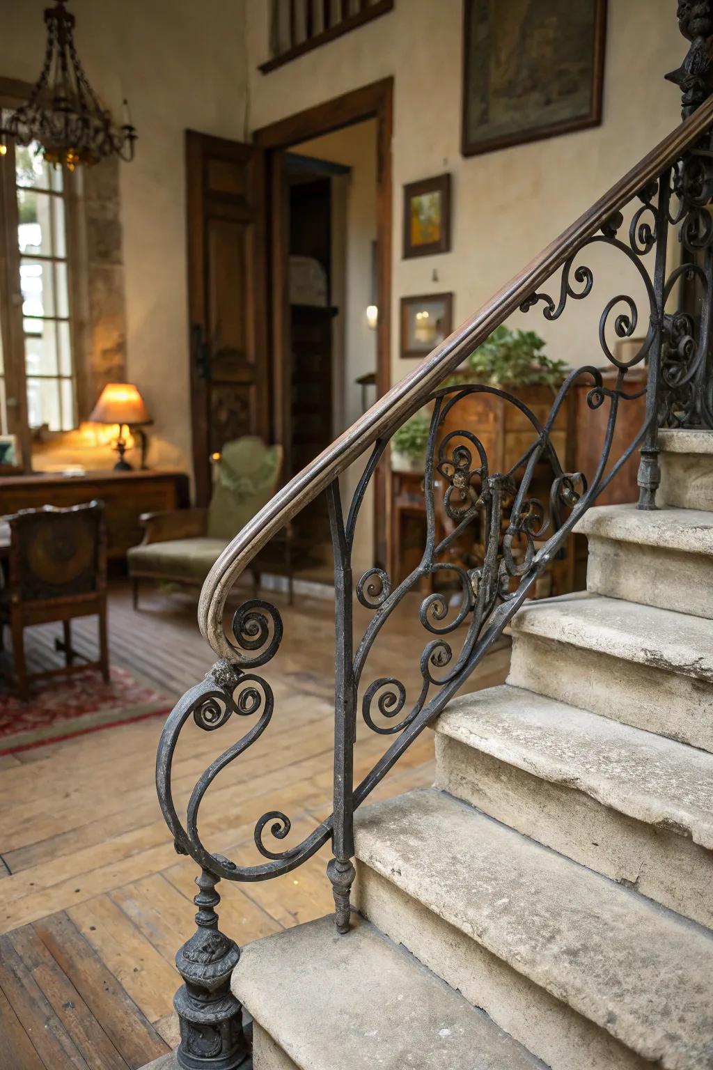 An intricate wrought iron handrail lends a vintage charm to these concrete steps.
