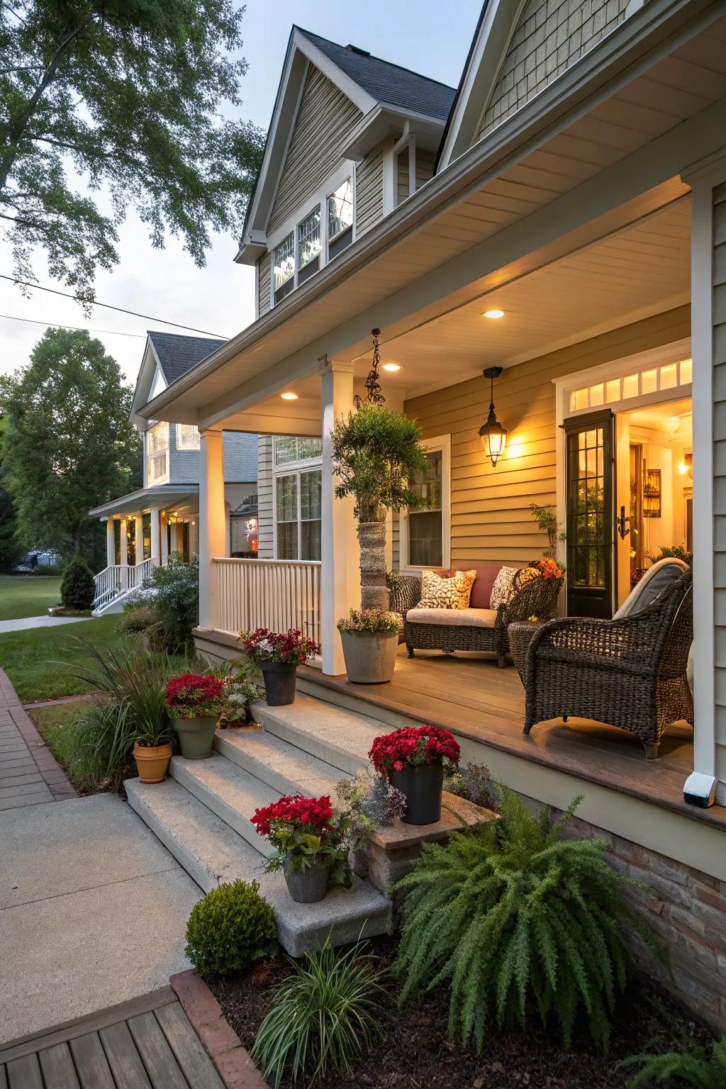 Cozy porch with seating and plants