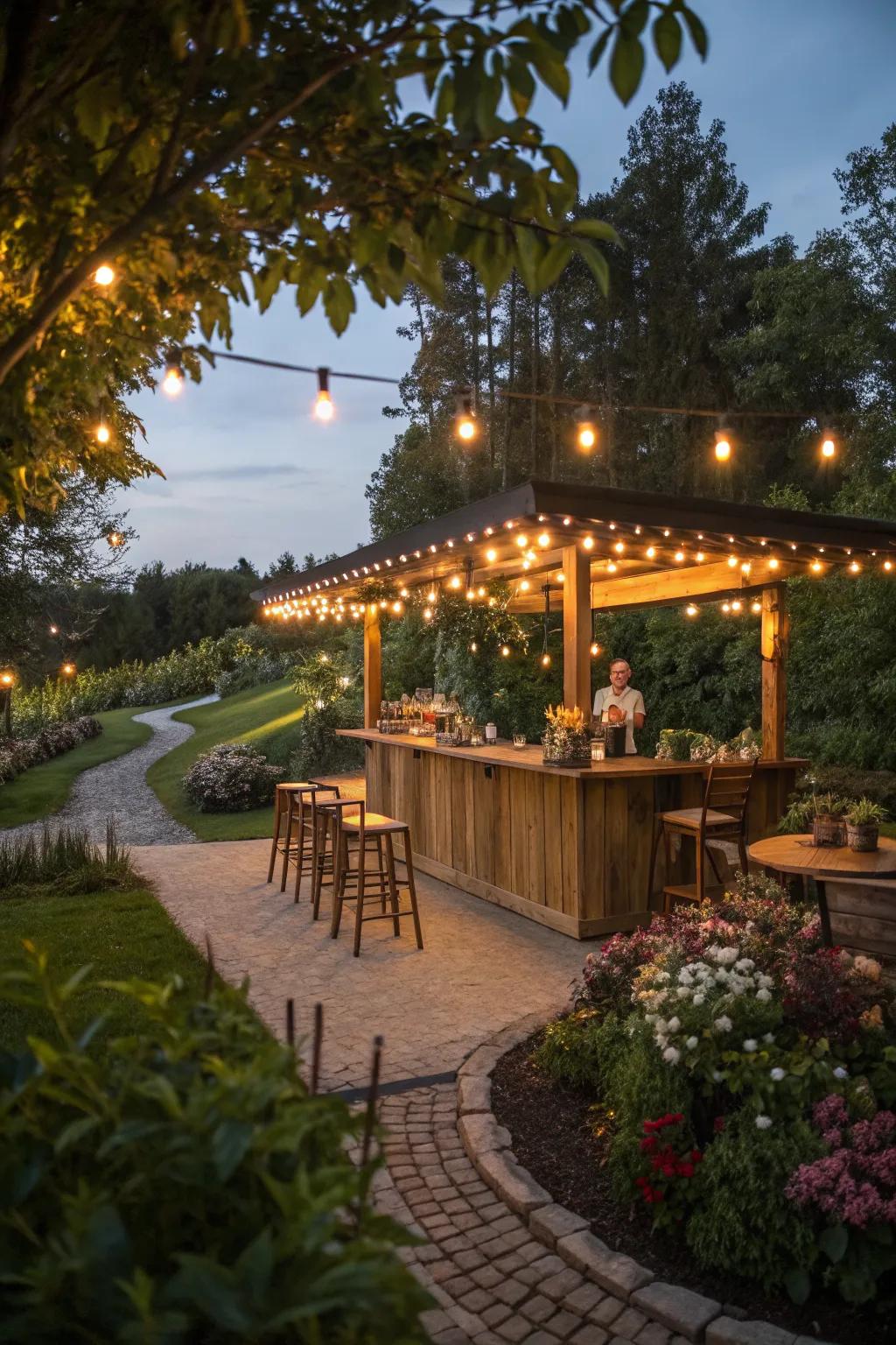 String lights add a cozy and inviting glow to this outdoor bar area.