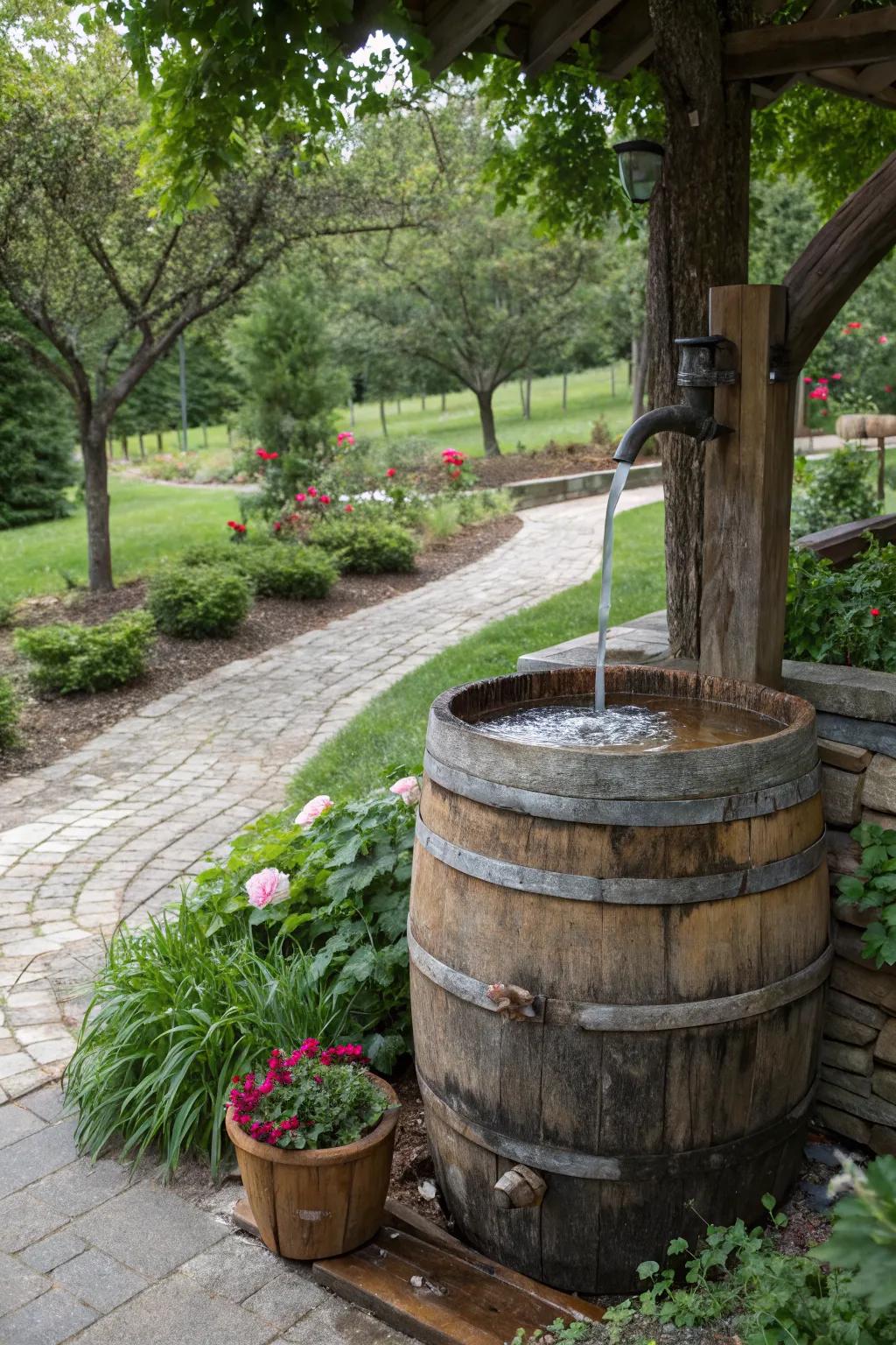 Add rustic charm with a barrel water fountain.