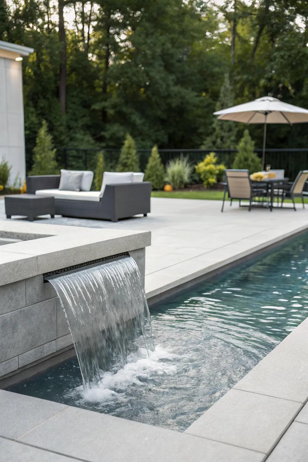 A concrete cascade adds a modern touch to any pool.