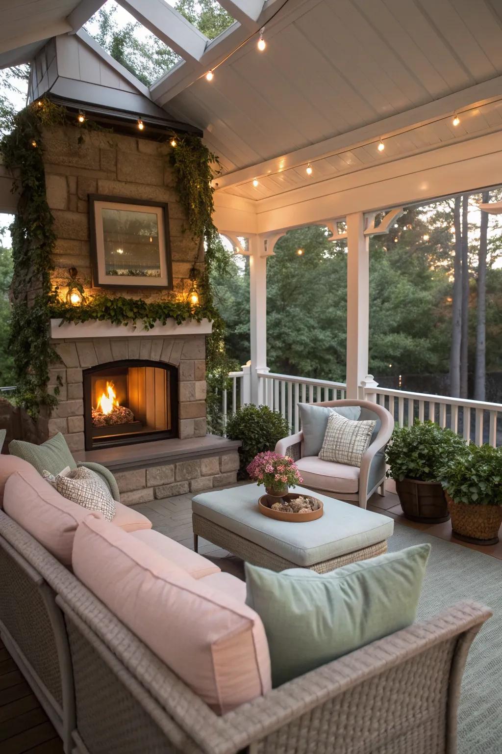 Cushioned seating arranged around a fireplace on a screened porch.