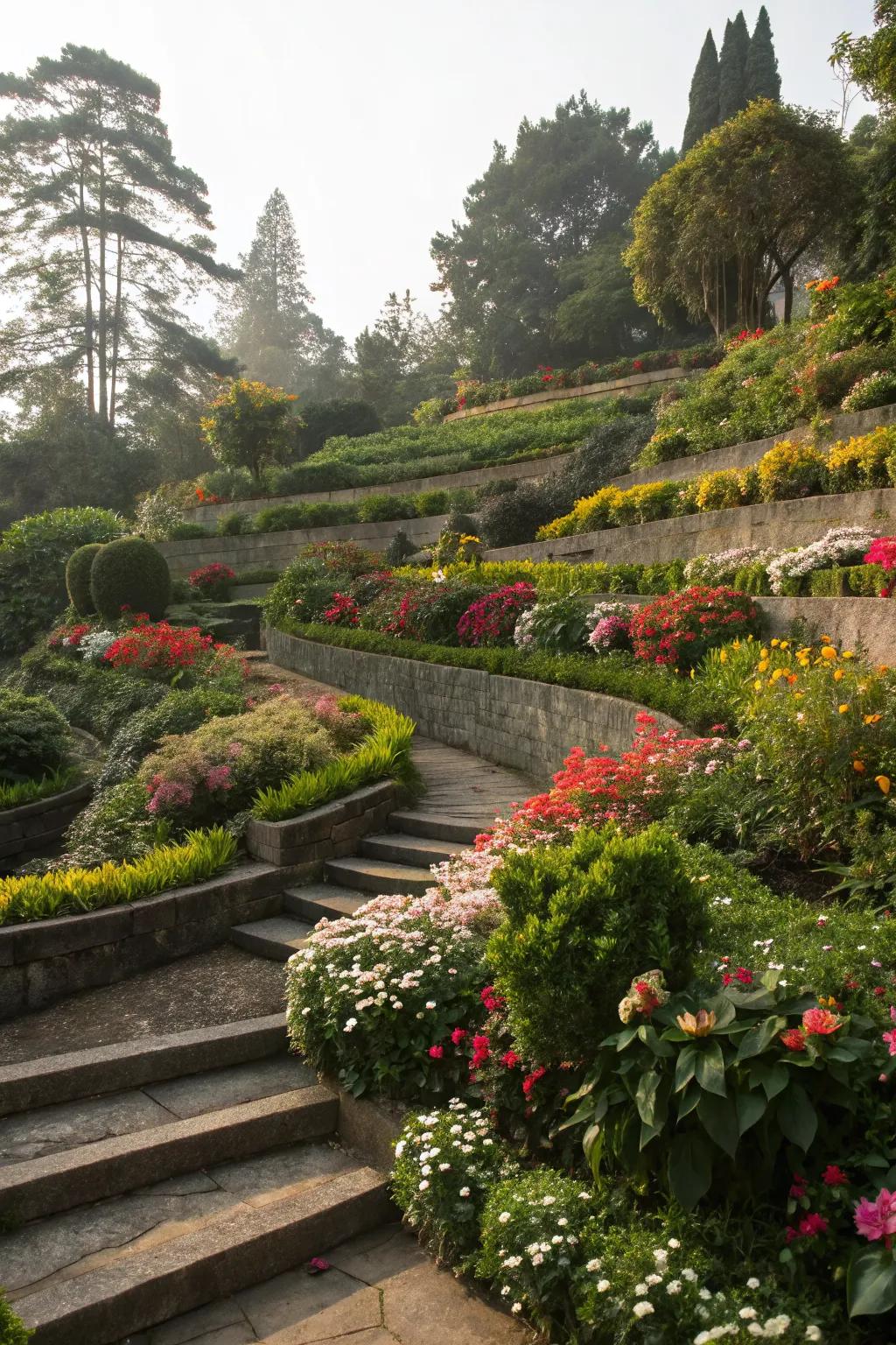 A vibrant mix of colorful flowers and green plants in a tiered garden.