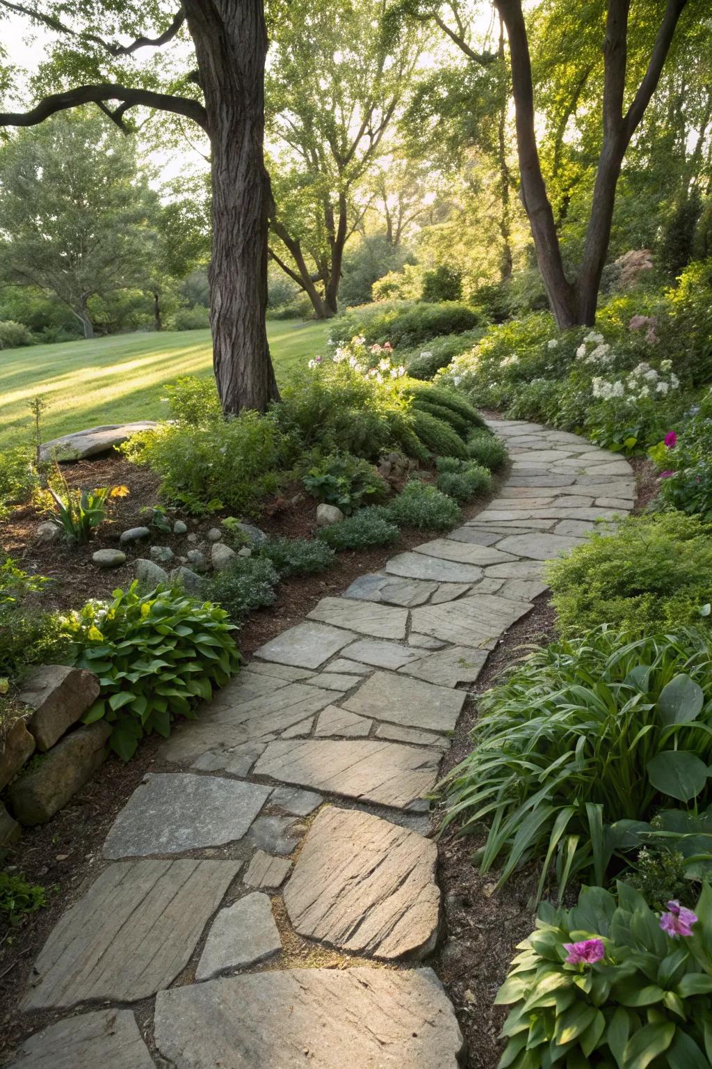 A softly curved walkway that blends seamlessly with the garden.