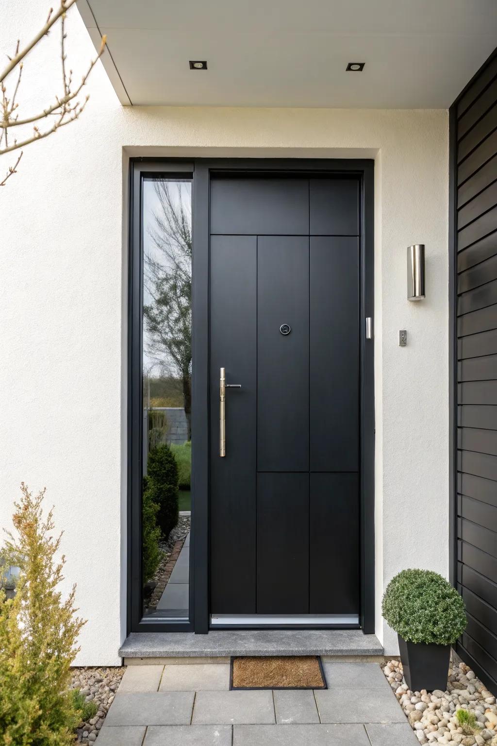 A sleek black front door with a minimalist design for a modern touch.