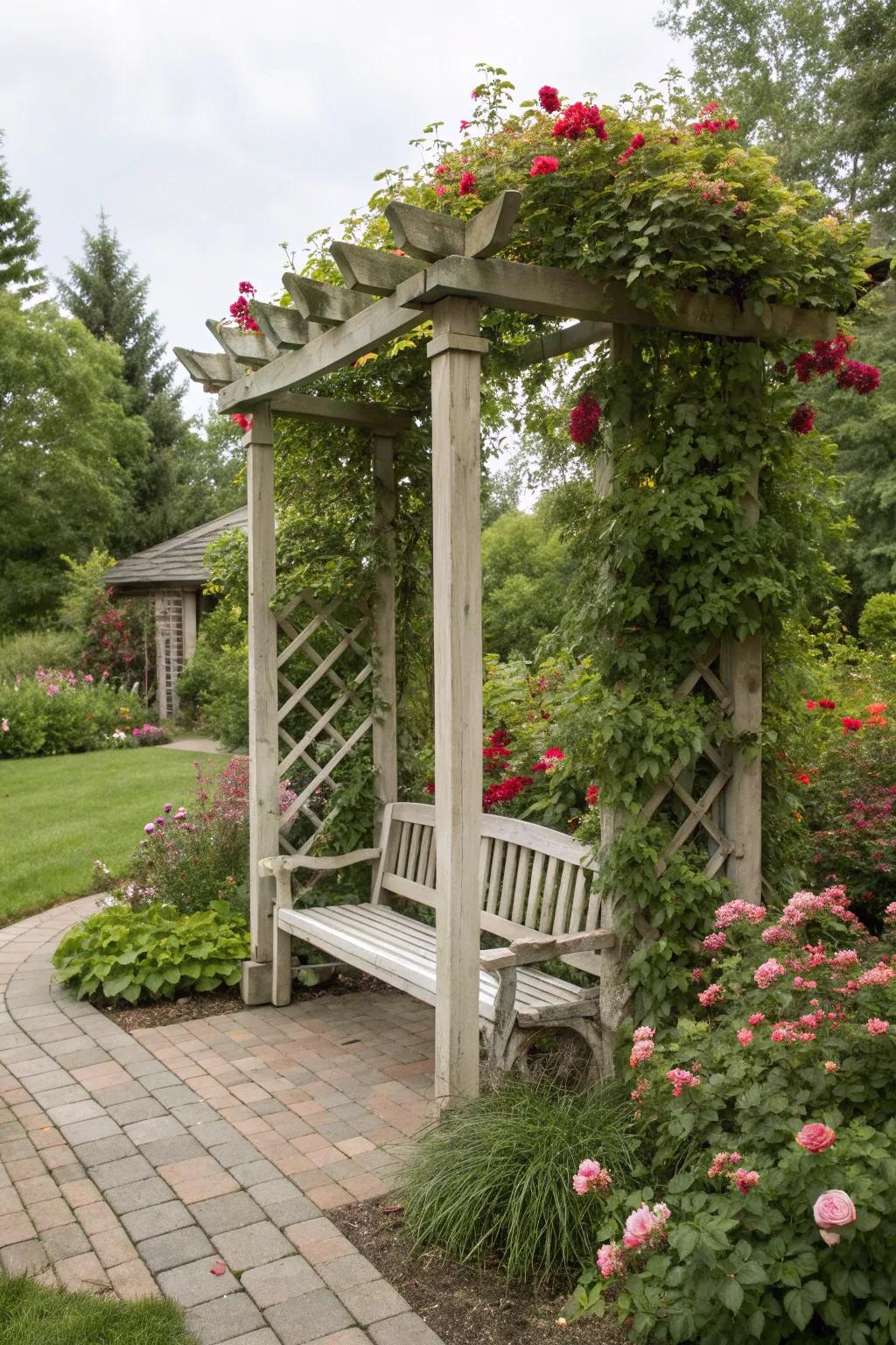 An arbor with a bench offers a peaceful retreat in the heart of the garden.