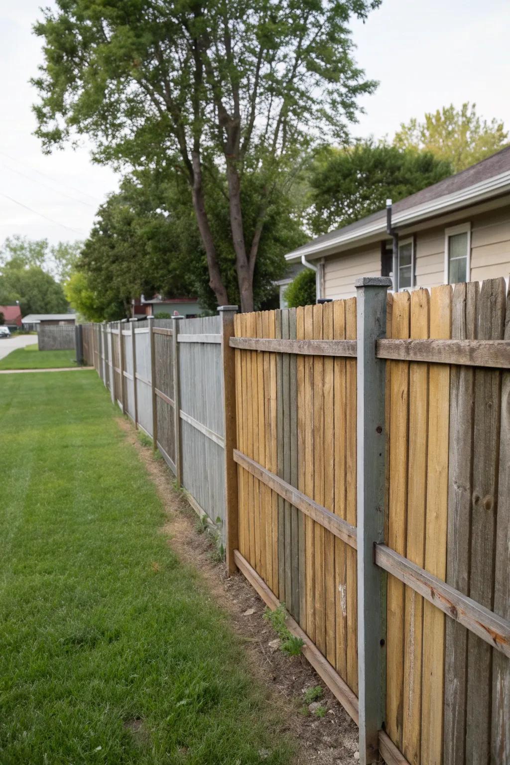 A stylish fence using a mix of wood and metal slats for a modern twist.