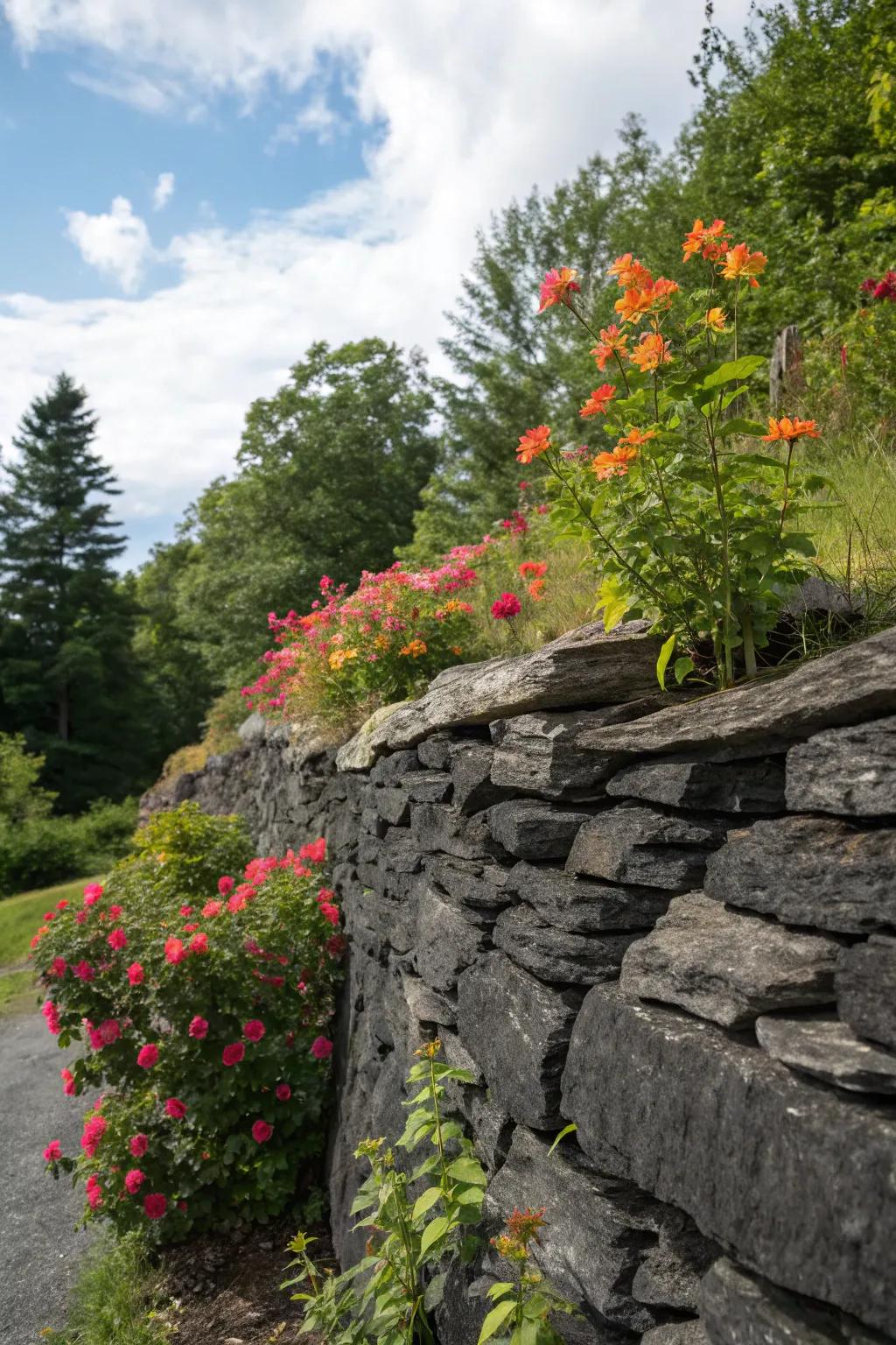 Slate rocks create a dramatic backdrop for garden plants.