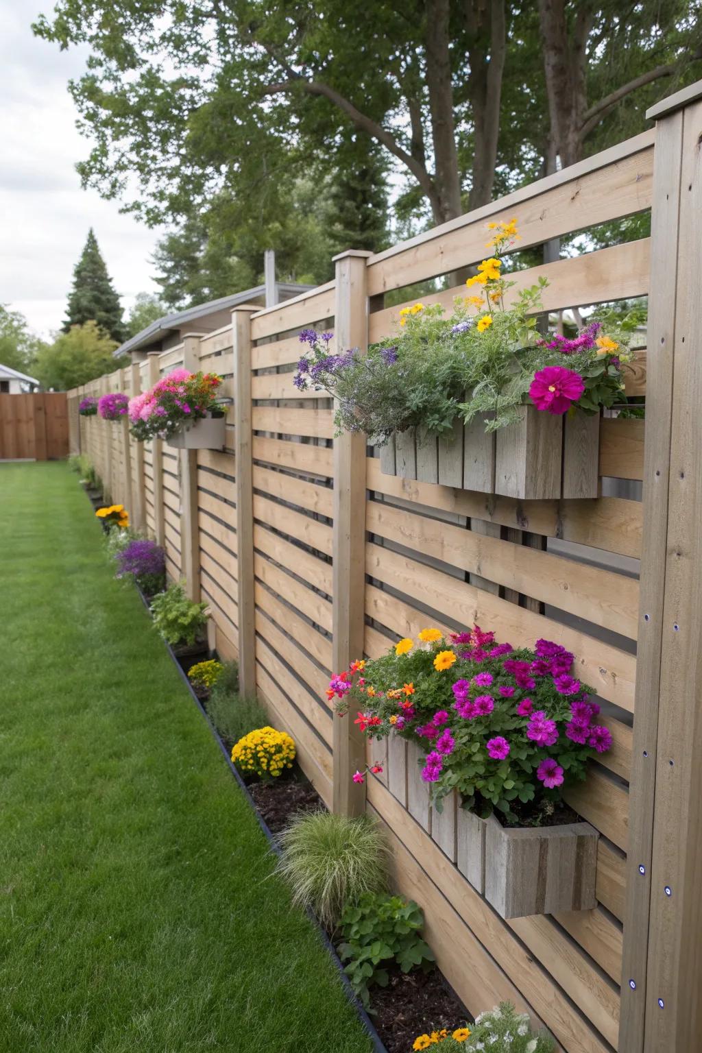 A vibrant slatted fence with vertical planters for added greenery.