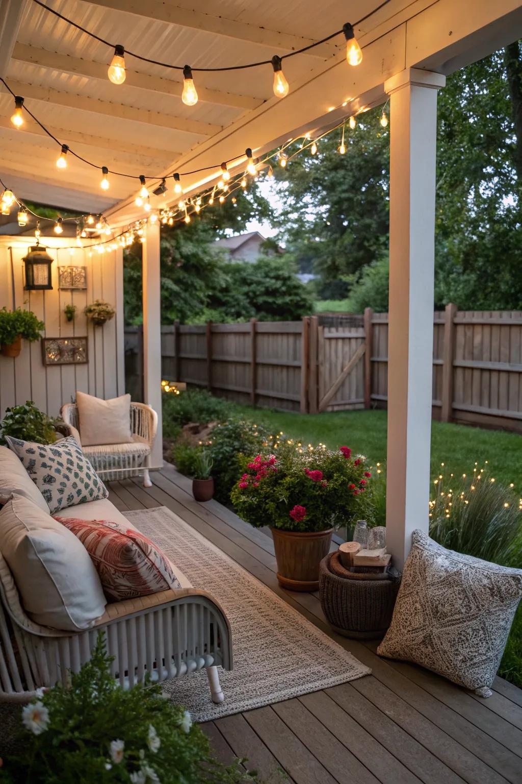 Soft lighting adds a touch of magic to your sleeping porch.