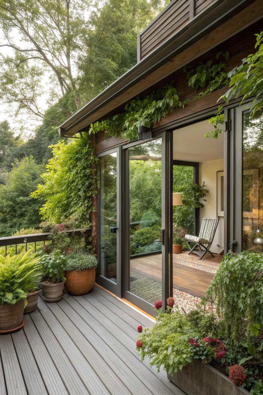 A deck surrounded by greenery, creating a seamless blend with the natural environment.
