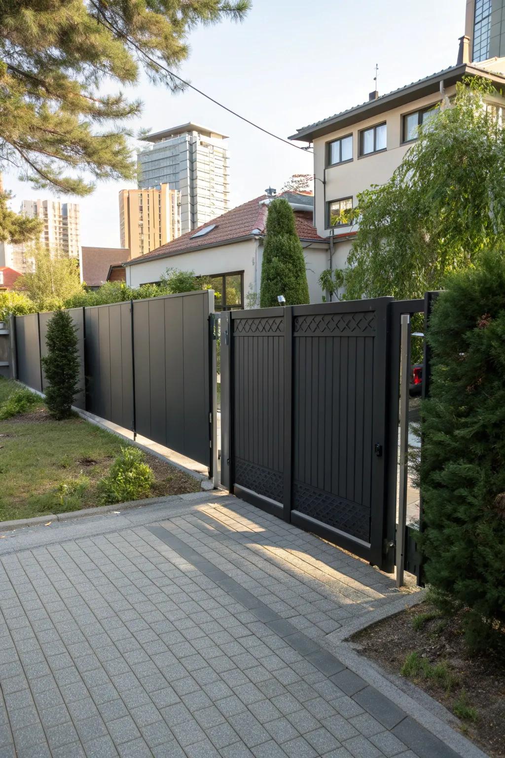 A privacy-focused sliding gate with sleek solid panels.