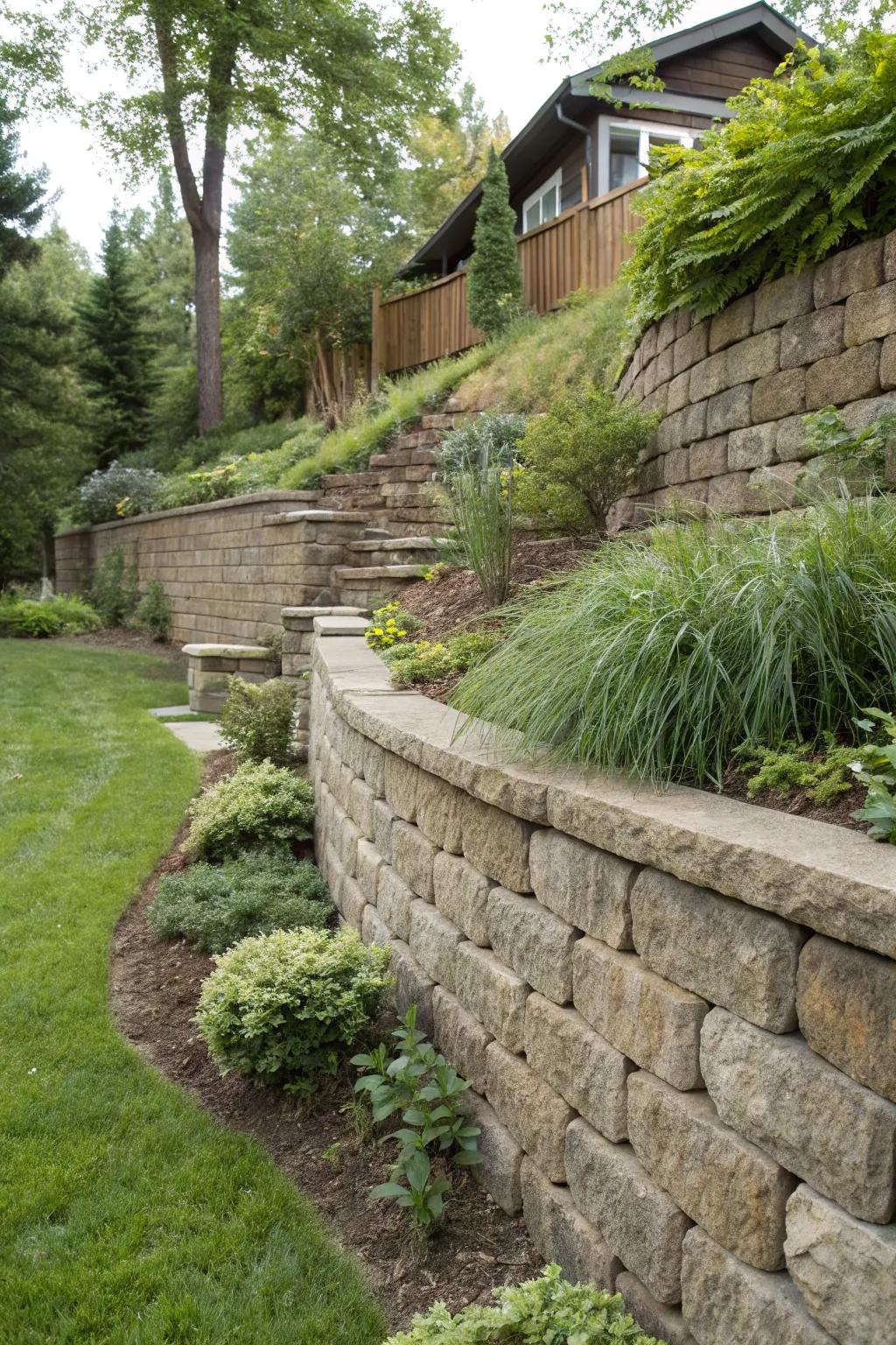 Retaining walls provide stability and style on sloped terrains.