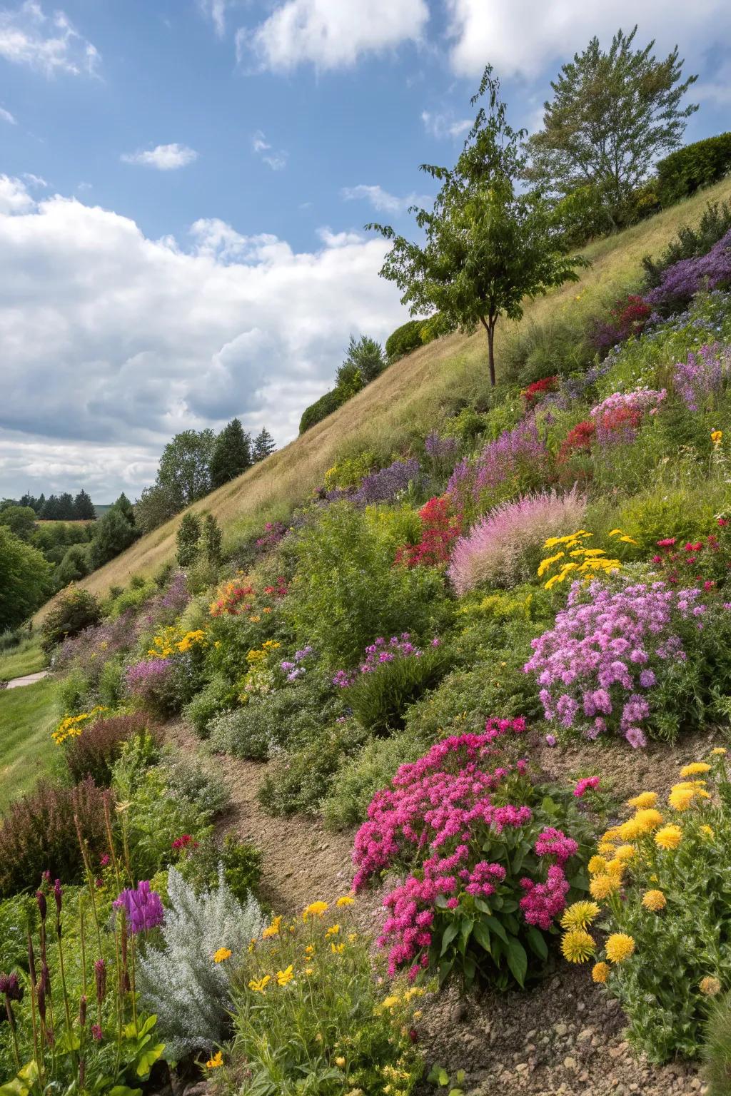 A mix of plant varieties adds depth and color to your slope.