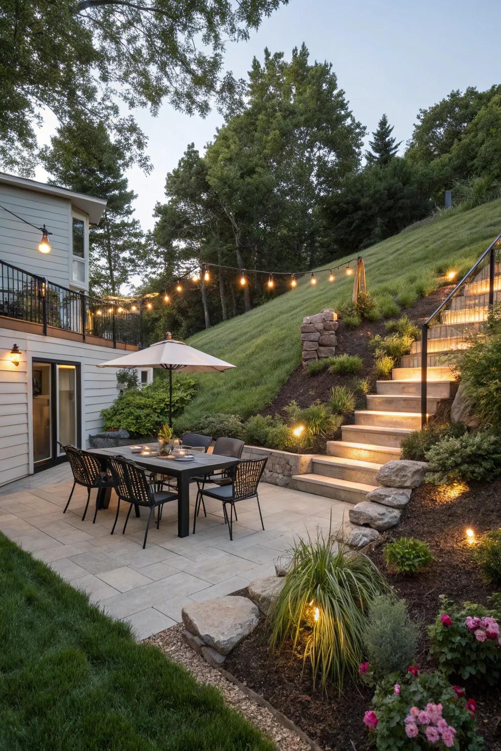 Charming outdoor dining space nestled within a sloped backyard.