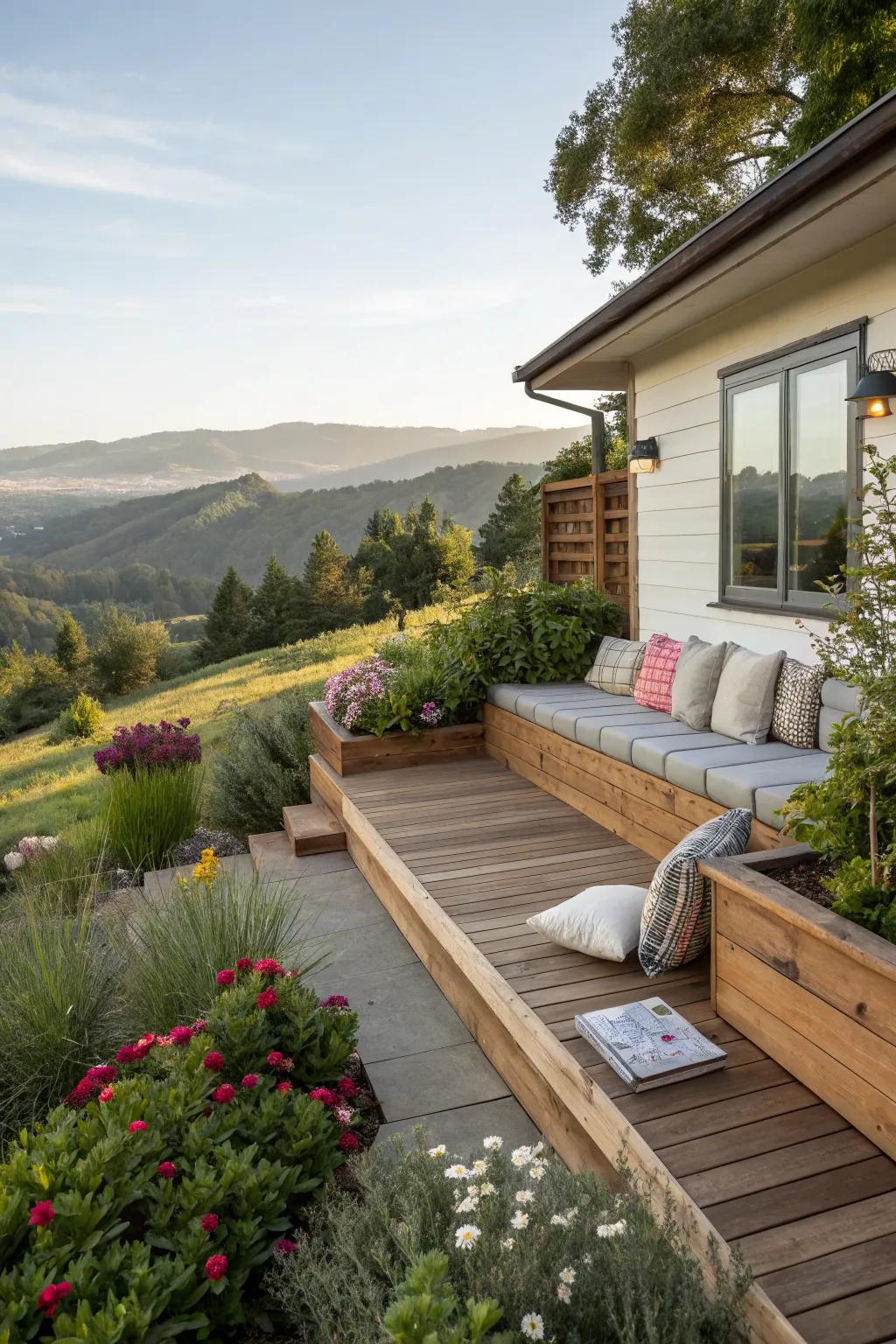 Built-in seating offering a panoramic view of the backyard.