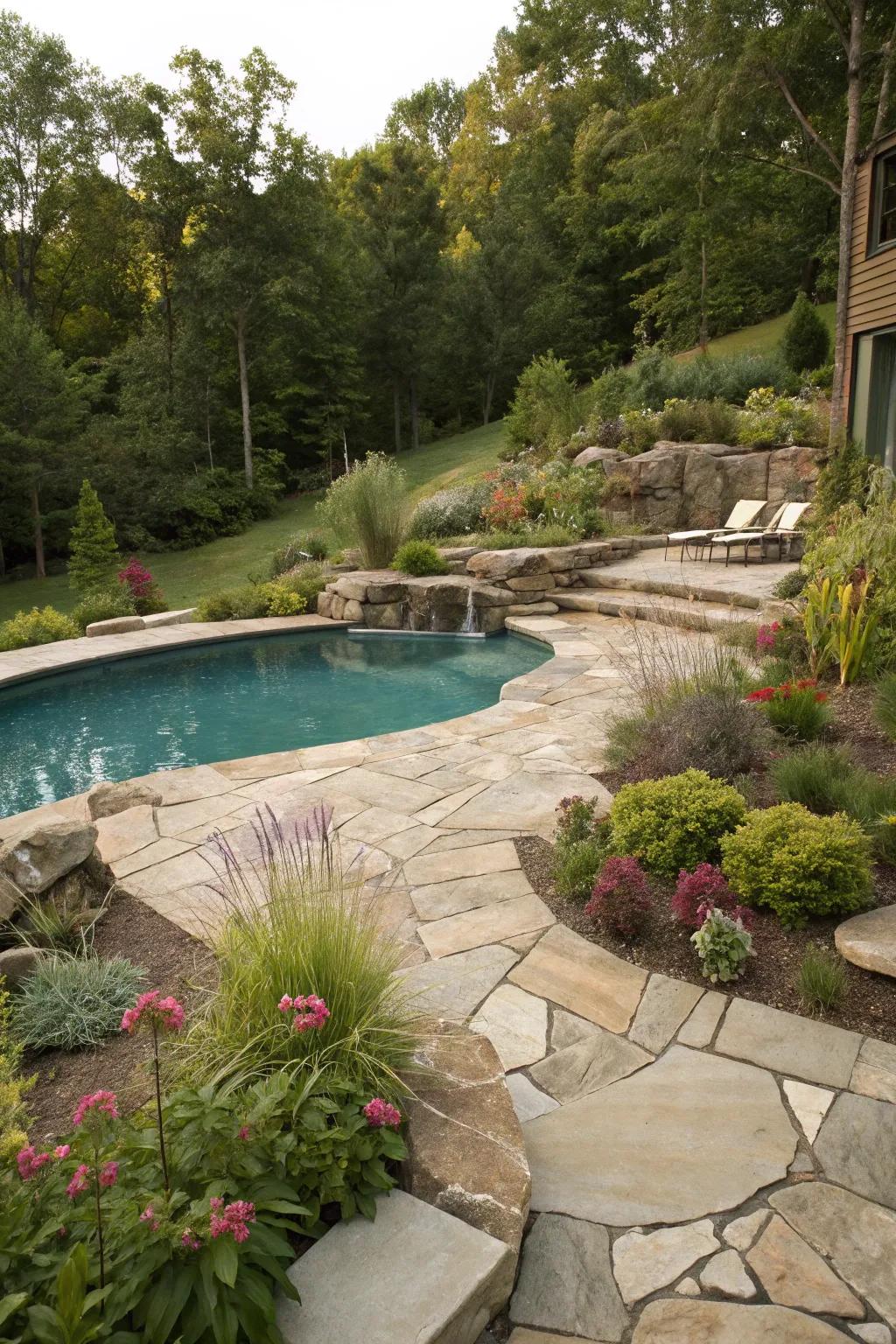 Natural elements blend the pool seamlessly into the landscape.