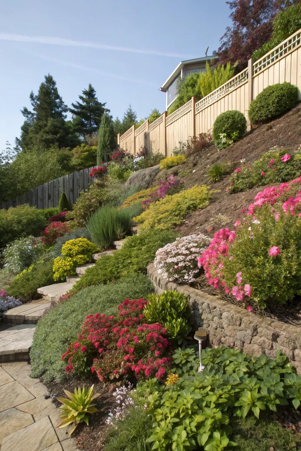 A vibrant plant selection breathes life into slopes.