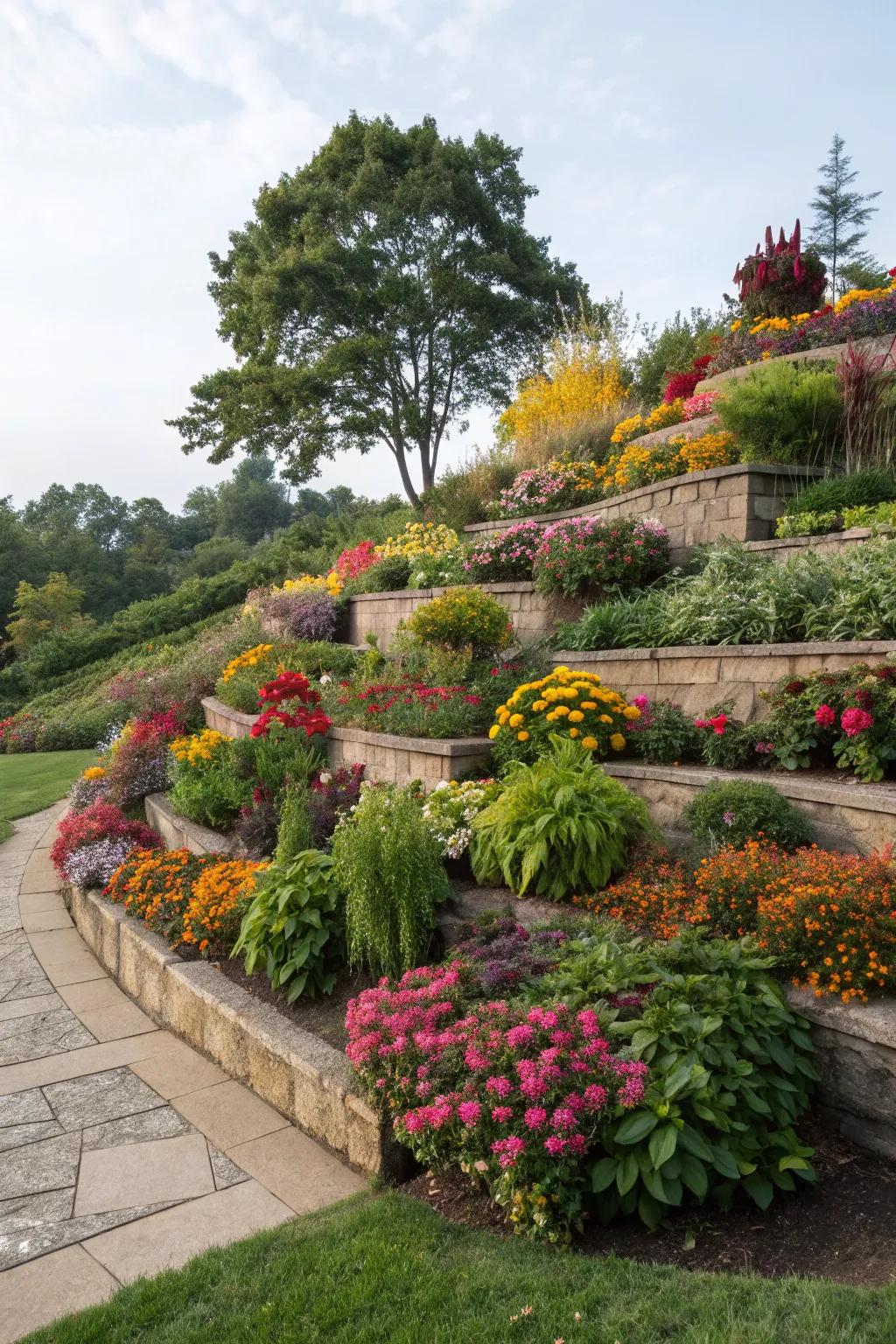 A mix of vegetation brings life and color to your garden tiers.