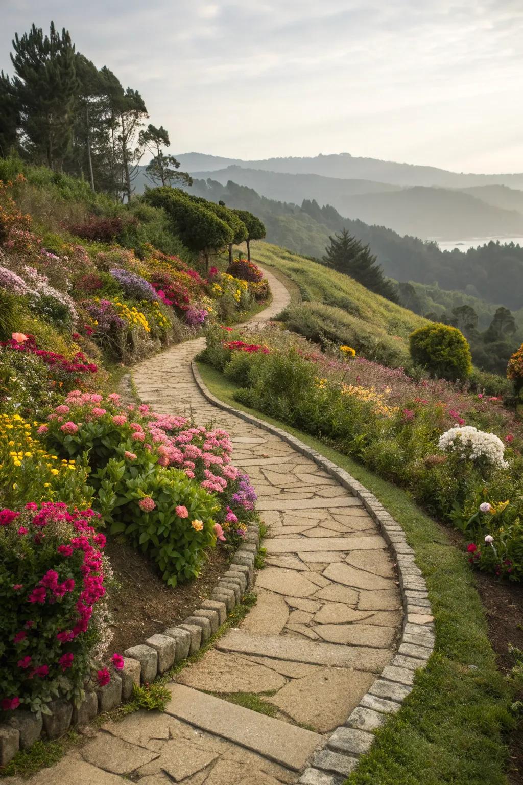 Pathways can make navigating a sloped yard a delightful experience.