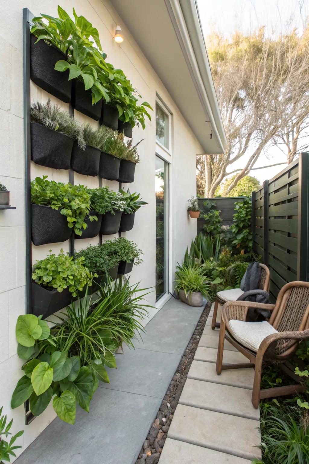 A vertical plant wall adds lush greenery to small spaces.