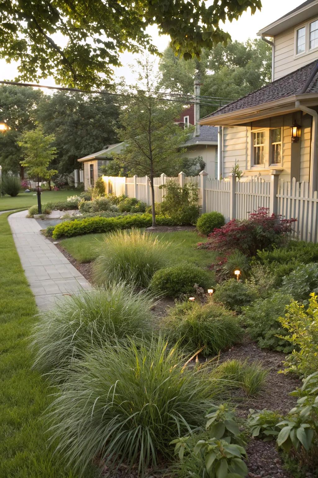 Grasses and shrubs offer greenery with minimal care.