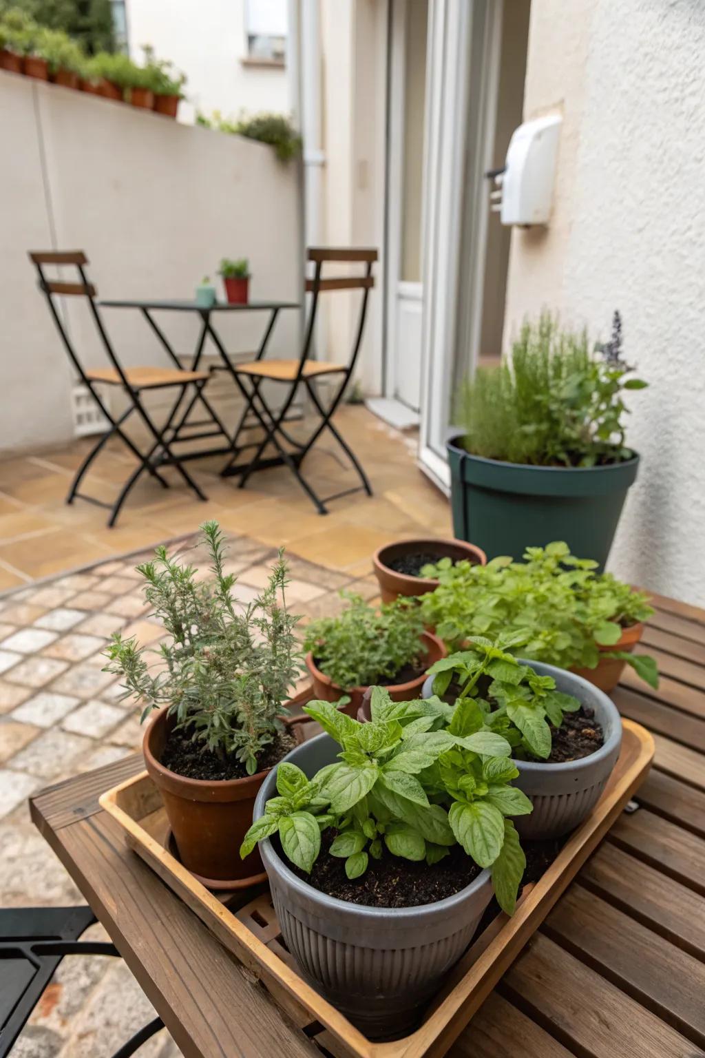 A collection of herb pots on a small patio.