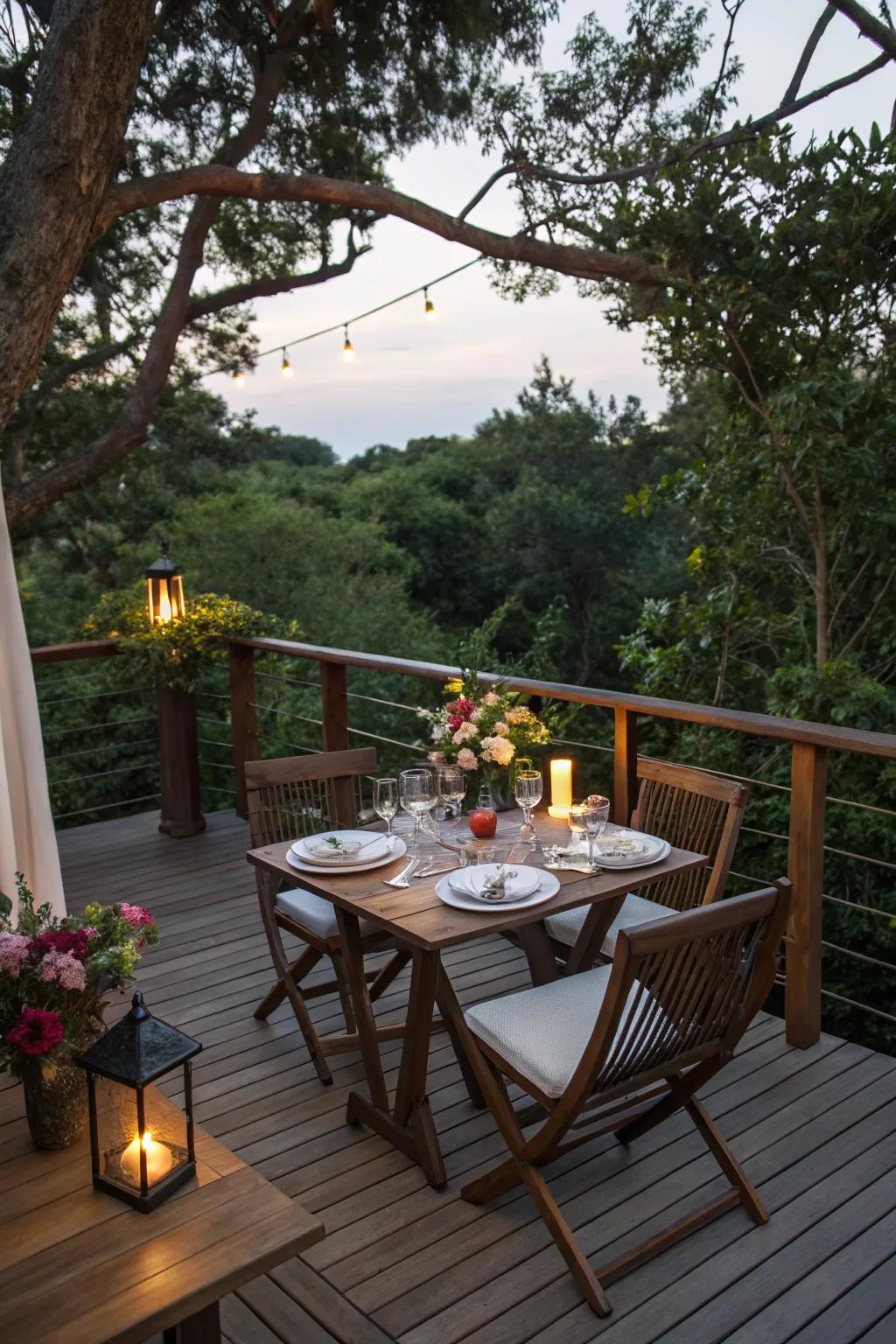 Enjoy meals under the open sky with a quaint outdoor dining setup.