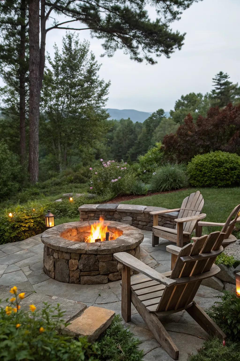 A rustic stone fire pit that blends seamlessly with nature.