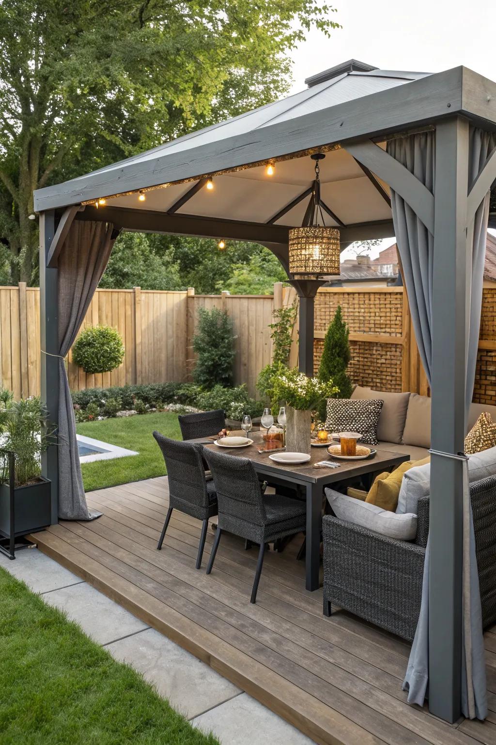 A versatile pavilion featuring both dining and relaxation spaces.