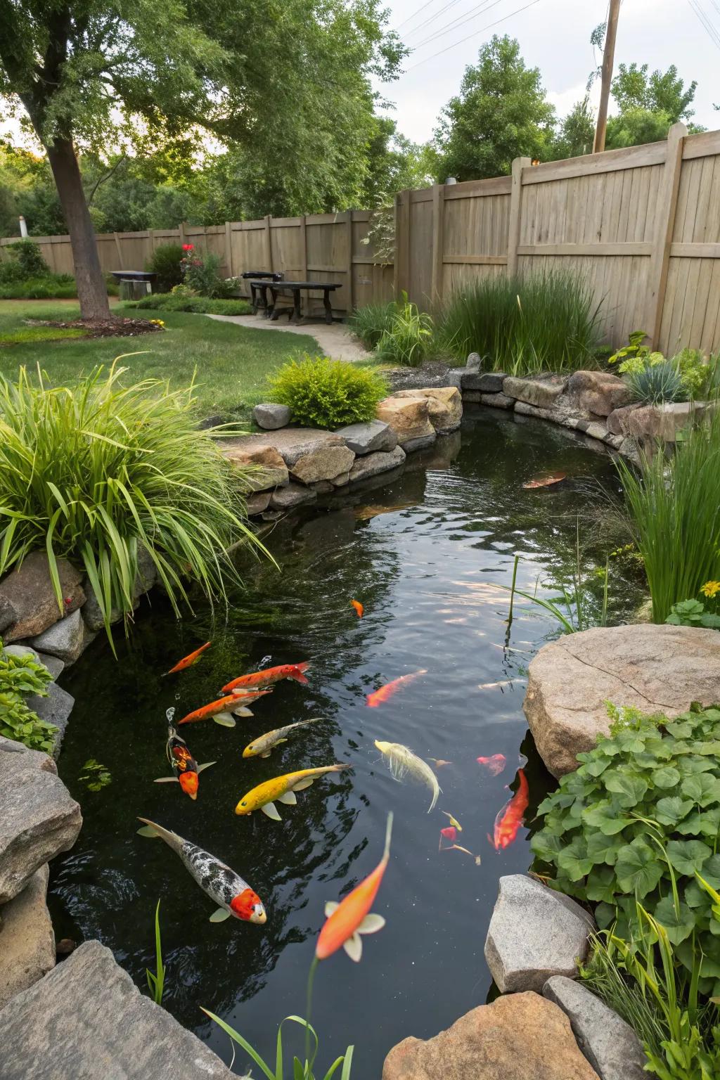 A lively backyard pond featuring colorful koi fish.